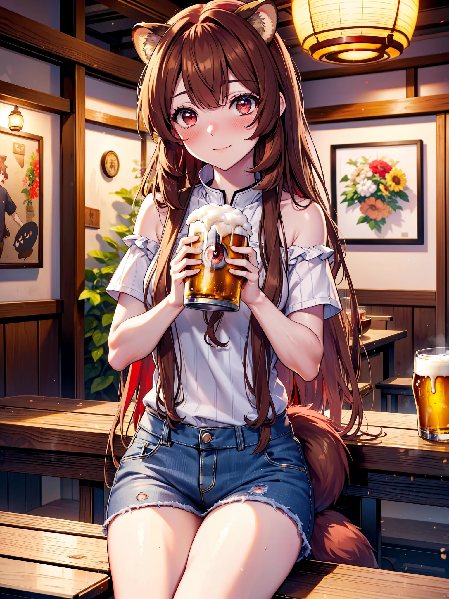 Raphtalia, Raphtalia, Animal ears, Brown Hair, Long Hair, Raccoon Ears, Raccoon Girl, racoon tail, (Red eyes:1.5), smile,blush,I'm drunk,tail,smile,Off-the-shoulder knit top, short sleeve,,Short denim,Black knee socks,There is food and beer mugs on the table,Holding a beer mug in both hands,Sitting in a chair,Break indoors,Izakaya ,壊す looking at viewer, (Cowboy Shot:1.5),highest quality, High resolution, unity 8k wallpaper, (shape:0.8), (Beautiful detailed eyes:1.6), extra detailed face, Perfect lighting, extremely details CG, (Perfect hands, Perfect Anatomy), (