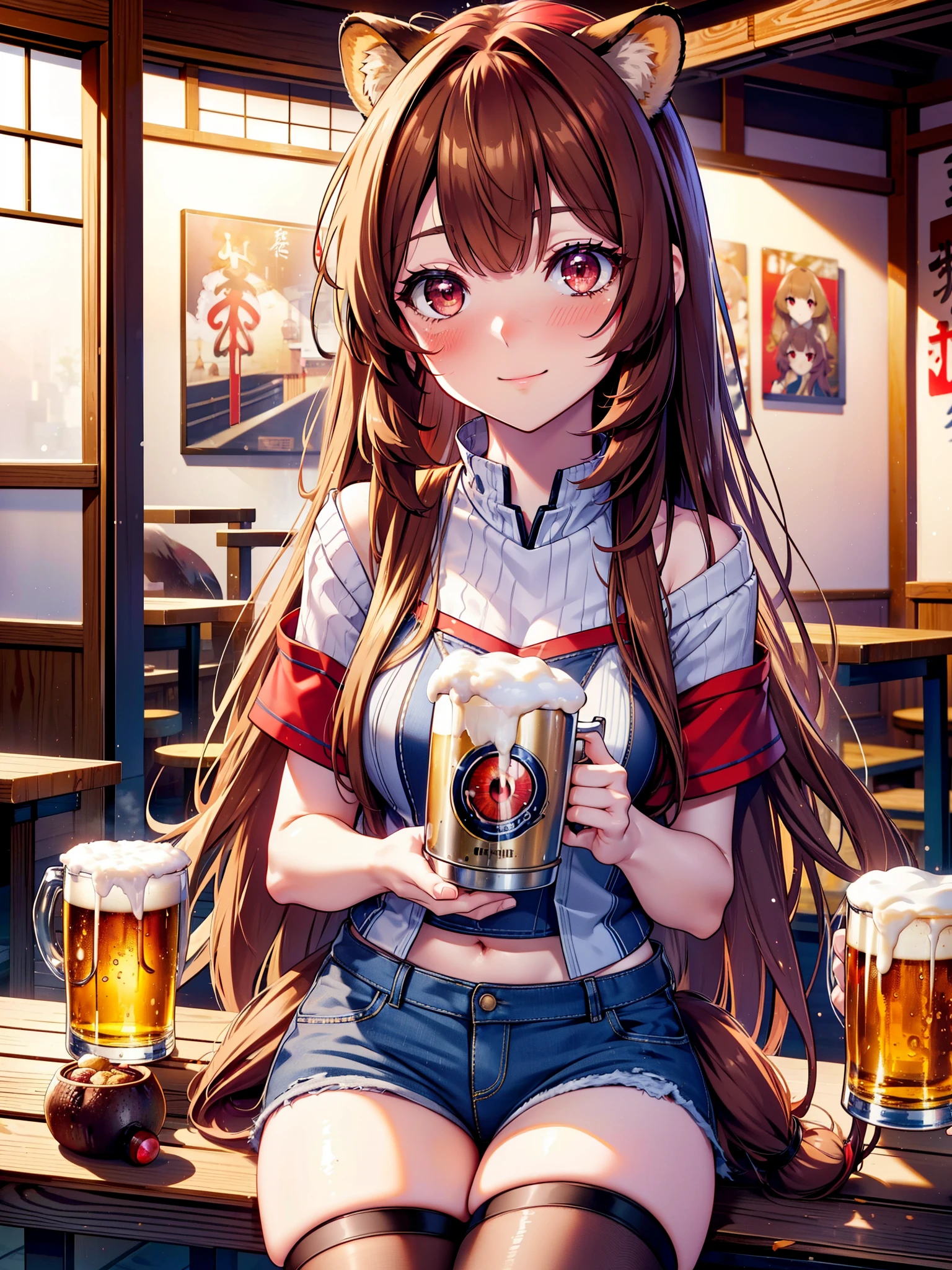 Raphtalia, Raphtalia, Animal ears, Brown Hair, Long Hair, Raccoon Ears, Raccoon Girl, racoon tail, (Red eyes:1.5), smile,blush,I'm drunk,tail,smile,Off-the-shoulder knit top, short sleeve,,Short denim,Black knee socks,There is food and beer mugs on the table,Holding a beer mug in both hands,Sitting in a chair,Break indoors,Izakaya ,壊す looking at viewer, (Cowboy Shot:1.5),highest quality, High resolution, unity 8k wallpaper, (shape:0.8), (Beautiful detailed eyes:1.6), extra detailed face, Perfect lighting, extremely details CG, (Perfect hands, Perfect Anatomy), (