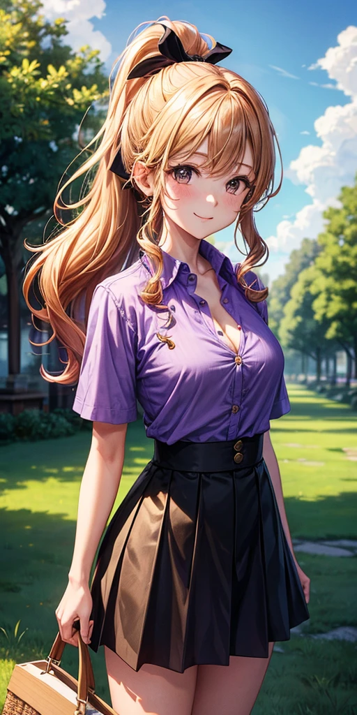 1girl, full body, solo, summer, village, trees, sun, clouds, ((colorful hair)), long hair, curly hair, ponytail, large breasts, button down shirt, ((purple shirt)), ((unbuttoned shirt)), ((short sleeved shirt)), unbuttoning buttons, popping buttons, cleavage 1:3, brown eyes, ((black skirt)), smile, looking at the viewer, touching neck, standing, hair ribbon, golden necklate
