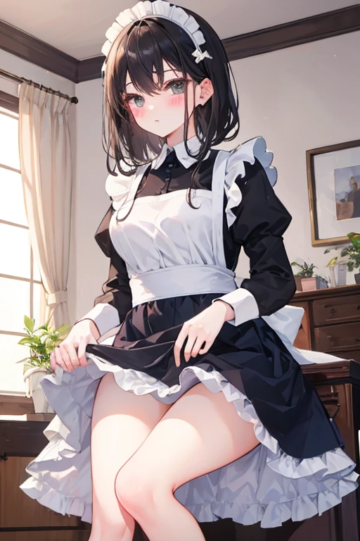 Beautiful illustrations, highest quality, Cute Woman、Clear Face、、blush、Perfect hands、Thighs、(Perfect Face:1.1), Beauty、Adult women、Around 30 years old、Maid clothes、Long skirt