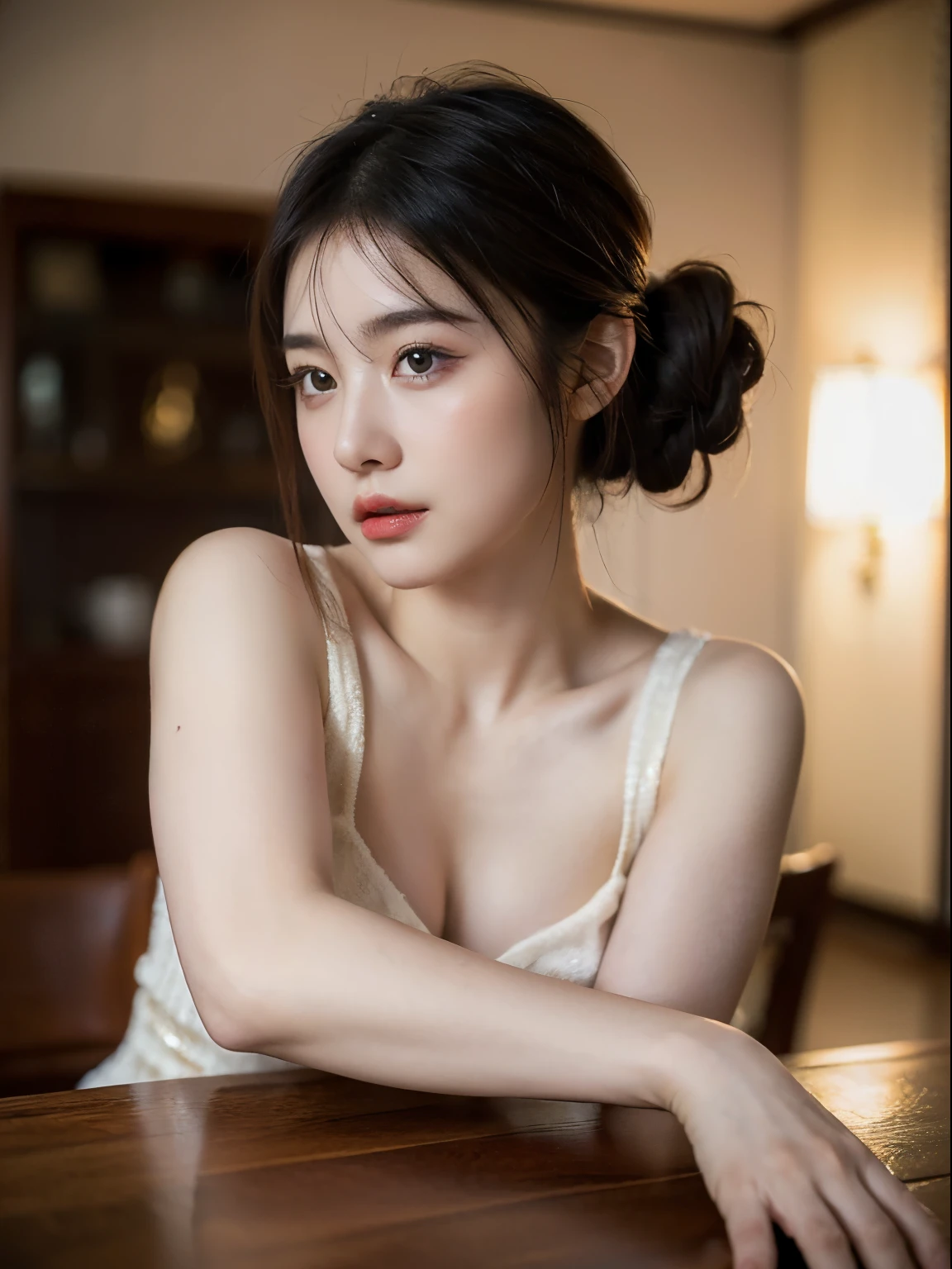 (Tabletop:1.3), (8k, Realistic, RAW Photos, highest quality: 1.4), (One Girl), Beautiful Face, (Realistic Face), (Black Hair, Long Hair:1.3、Chignon), Beautiful hairstyle, Realistic eyes, Beautiful fine details, (Realistic Skin), Beautiful Skin, Absurd, Charm, 超A high resolution, Surreal, Very detailed, Golden Ratio