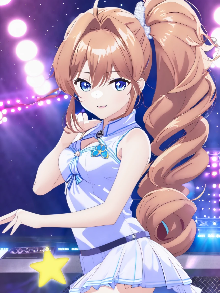 Anime Style, One girl, ((Mega Side Ponytail)), (Big Hair), Idol, Idol dress, Idolm@Star, sing, Execute, stage 