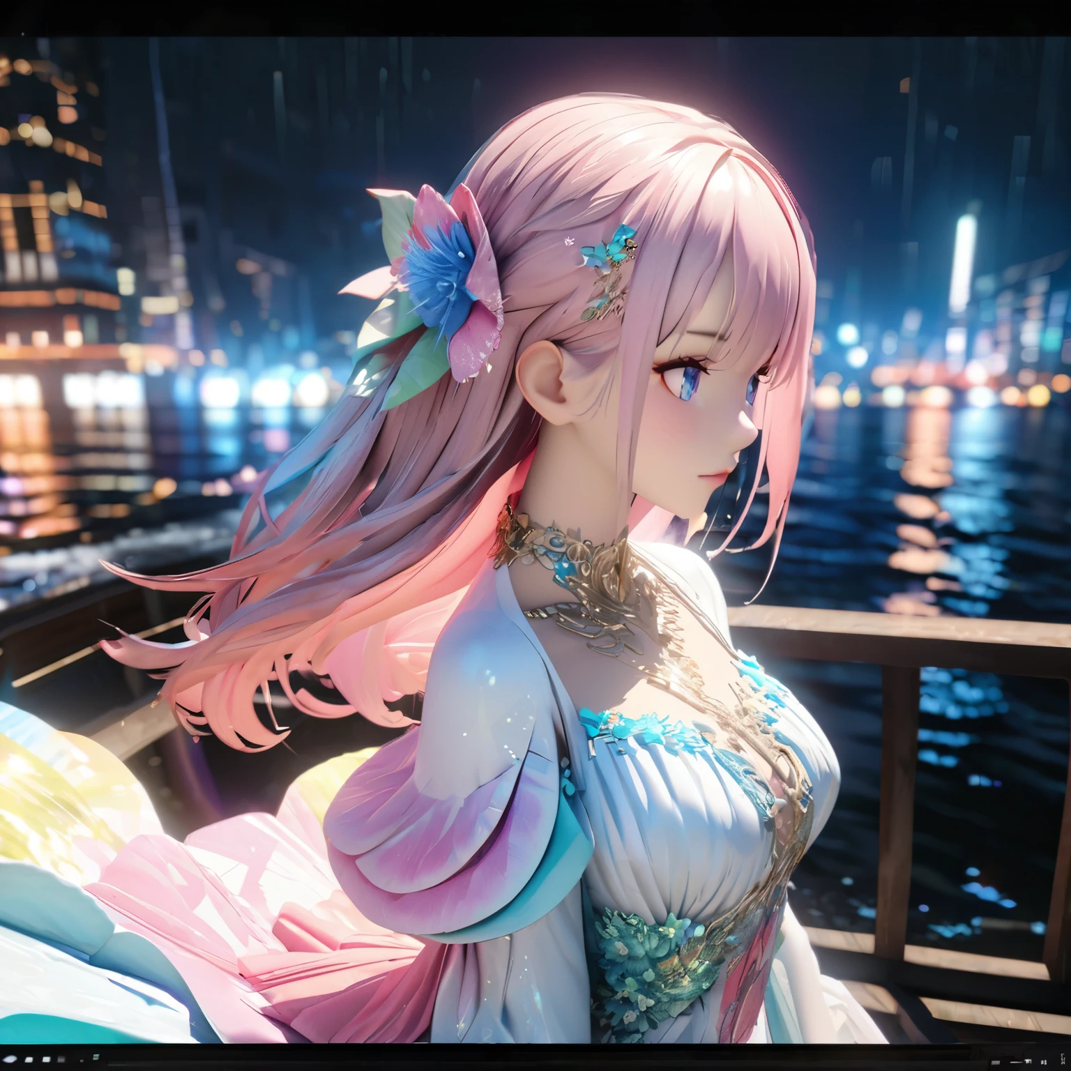 Masterpiece, Best Quality, High Definition, High Resolution, Expensive Resolution, High Definition, 4K, 8k, Unity 8k Wallpaper, High Definition CG, Masterpiece, Real, 2D, 3D, Beautiful Details, Depth, Fine Texture, Super Quality: 1.3 , with perfect concentration, eyes create an anime-style illustration of a character wearing an elaborate Hawaiian dress adorned with flowers and jewels, set against a bright night beach backdrop. Draw a close-up of the upper body. ⁽⁽The dress should have multiple layers and ruffles, with gemstones of different colors embedded throughout)). ⁽⁽The character's pink hair should be long and flowing to complement the intricate design of the dress.)) The cityscape at night should also be vibrant. The streets are lit up in different colors and buzz with lights indicating an active nightlife. Includes light reflections from buildings in the bodies of water in between.