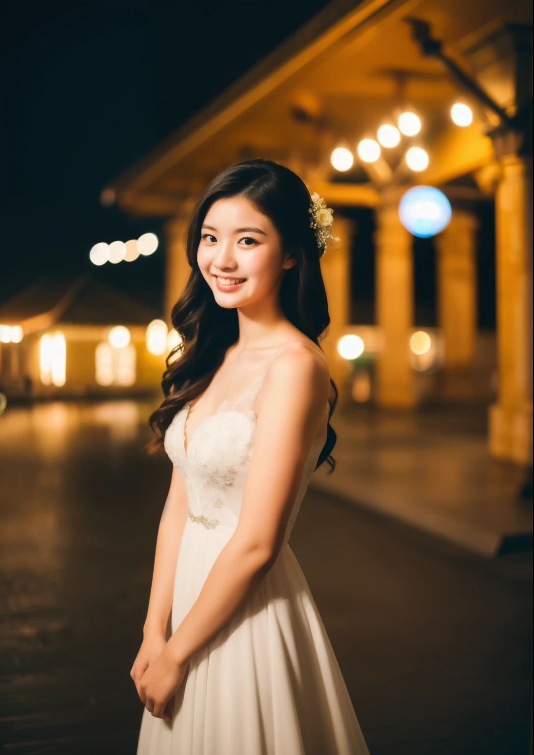 Beautiful 25 year old  woman。She is wearing a summer wedding dress. She is smiling on illuminated by the evening church lights . romantic sunset. her dark brown hair. High resolution、masterpiece、highest quality、頭w:1.0、((Hasselblad Photos))、fine skin、(movie lighting)、clavicle . full body picture.