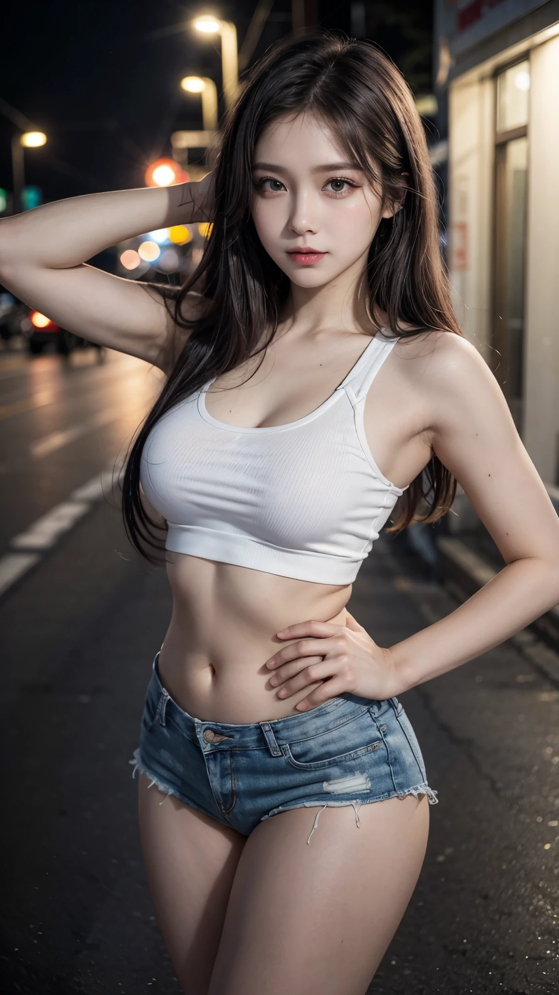 Masterpiece: 1.25, Best quality, High resolution:1.35, RAW photo:1.2, Photorealistic:1.37, Hyper-realistic, 16K, ((1girl)), Cute face, Long eyelashes, detailed eyelashes, eye shadows, glowing eyes, realistic eyes, Natural makeup, Clear facial features, Curvy build, Skinny, Slender body, Fine detailed beautiful eyes: 1.2, Happy Expression, Ulzzang, Erotic thighs, Lustrous skin, Photon maping, Realistic cinematic lighting, Cowboy shot, (Tight tank top), Show armpits, Small perky breast, Standing pose on street at night