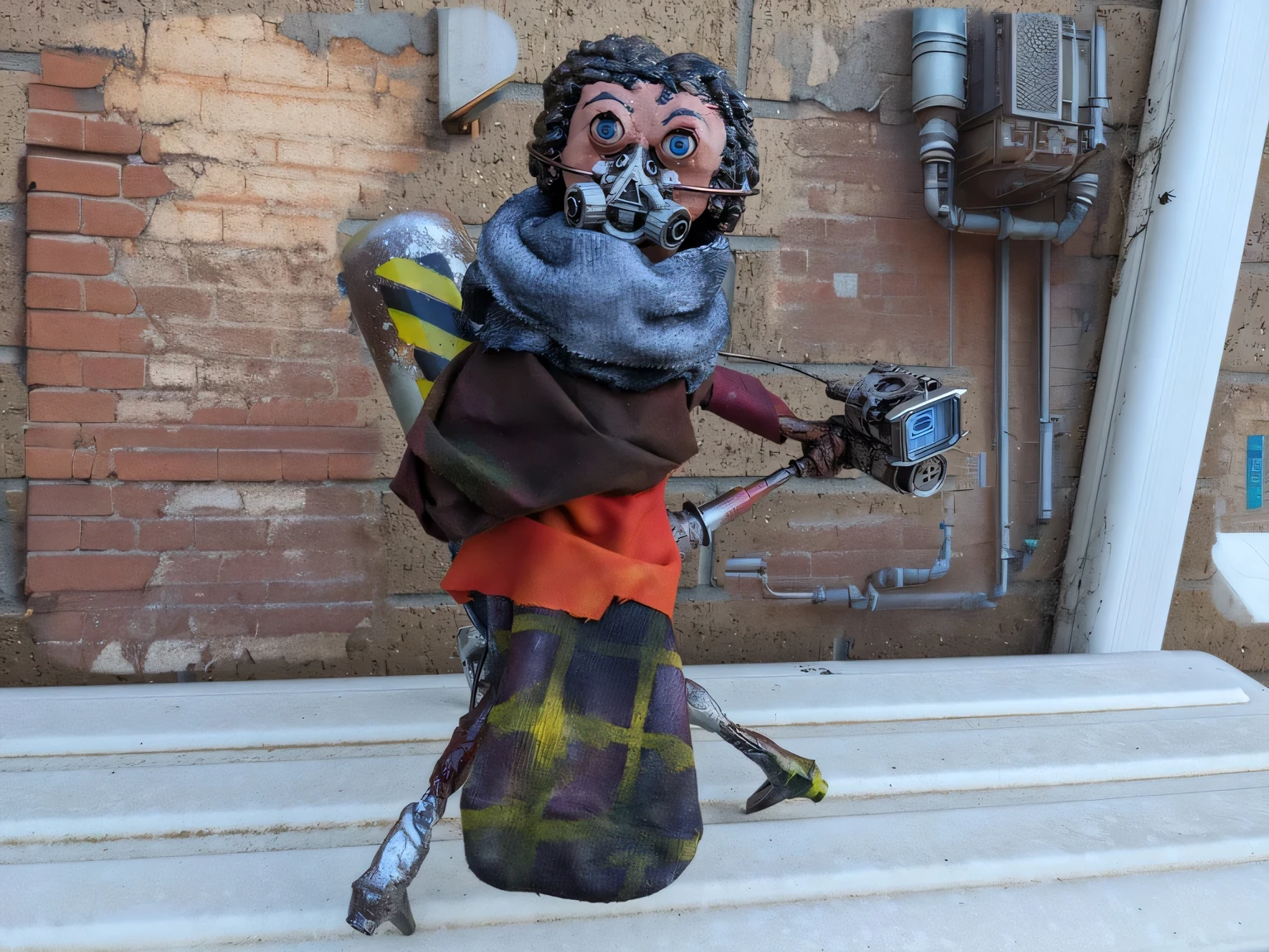 cyberpunk pipes and panels on a brick wall