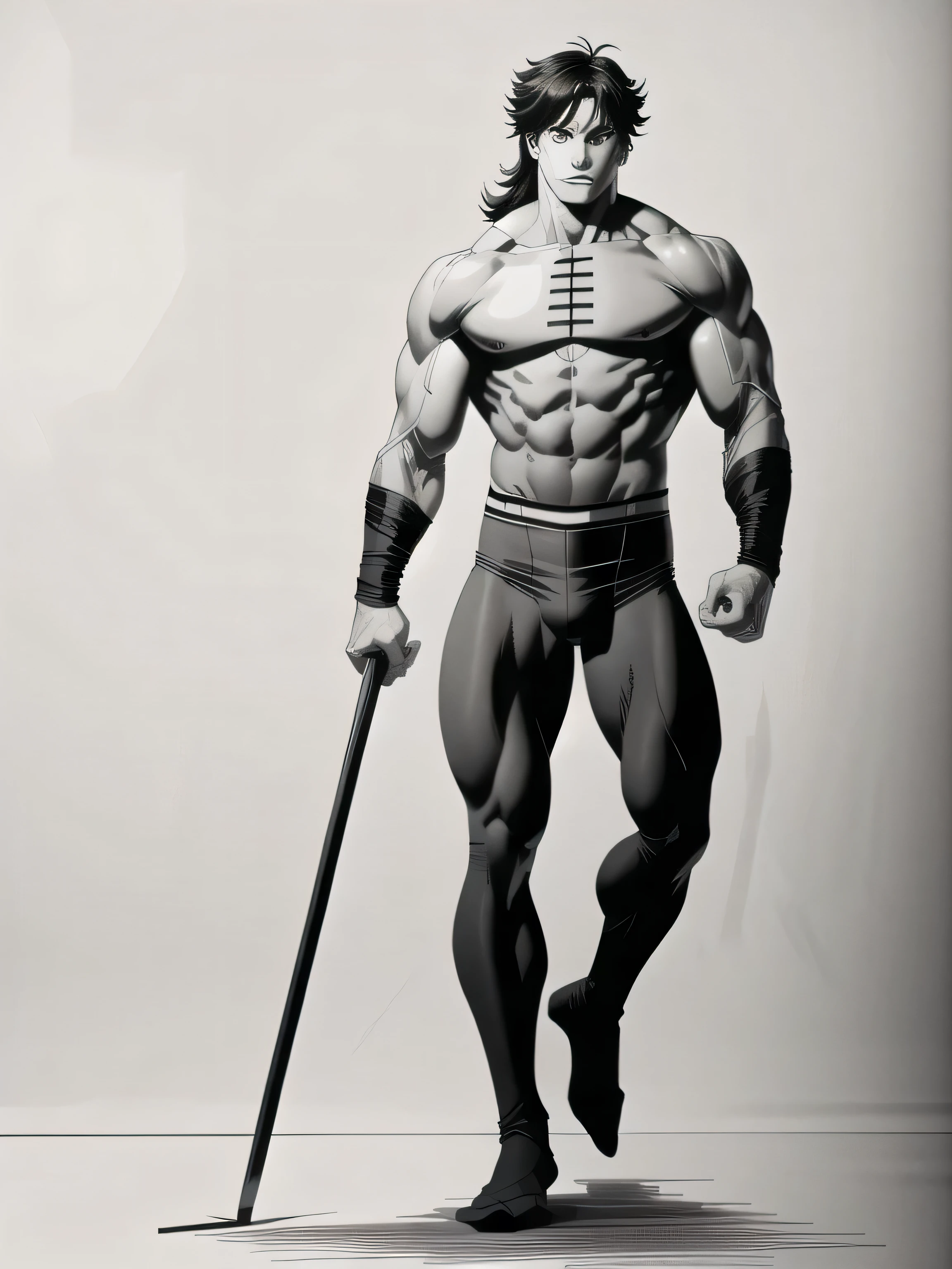 best quality, high resolution, manga, monochrome, handwritten style, hunk, plain grey tights, standing, from front, lower body shot, leg focus, iron fist,