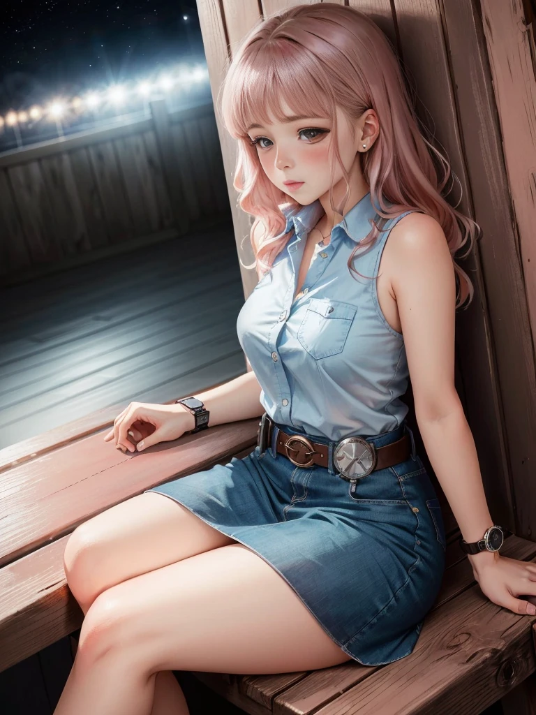 (((blush:1.5))),(((Drunk 1.8))),(((Hiccups:1.0))),(((Looking at this))),girl:1.9, 20-year-old, Are thin,Realistic,Light blue sleeveless collared shirt、Wearing a super blue mini skirt,(Police Belt),(((watch))), Brown Hair. sitting on a wooden chair,Ultra HD,High definition,get up,Inside the barn,((night)),Low - Angle