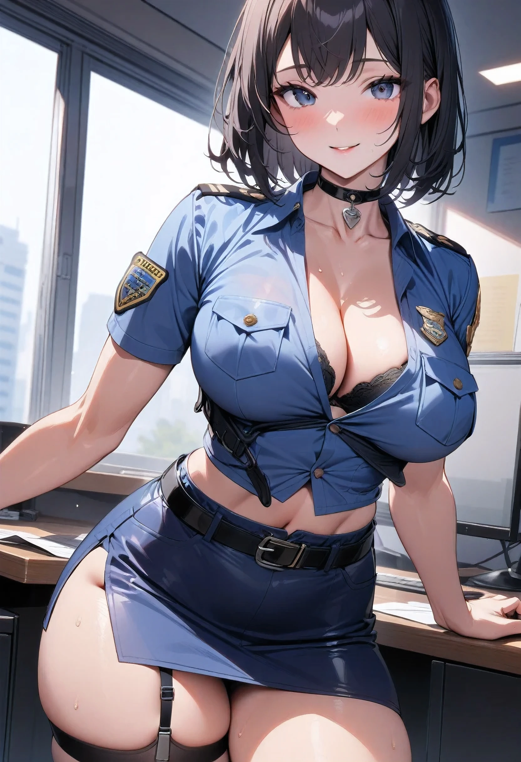 masterpiece, high quality, detailed eyes, 1girl, solo,black medium hair, bobcut, bangs, (large breast1.0), light smile, (muscular:0.5), (police uniform),arm badge, short sleeves, breast pocket, belt, cleavage, Cropped tops, blue short Pencil Skirt, garter strap, black stockings, choker, thigh strap, covered nipple, sexy , black hair ,shirt came off, undone , a police office , indoor , black bra , almost completely undressed, bare shoulders