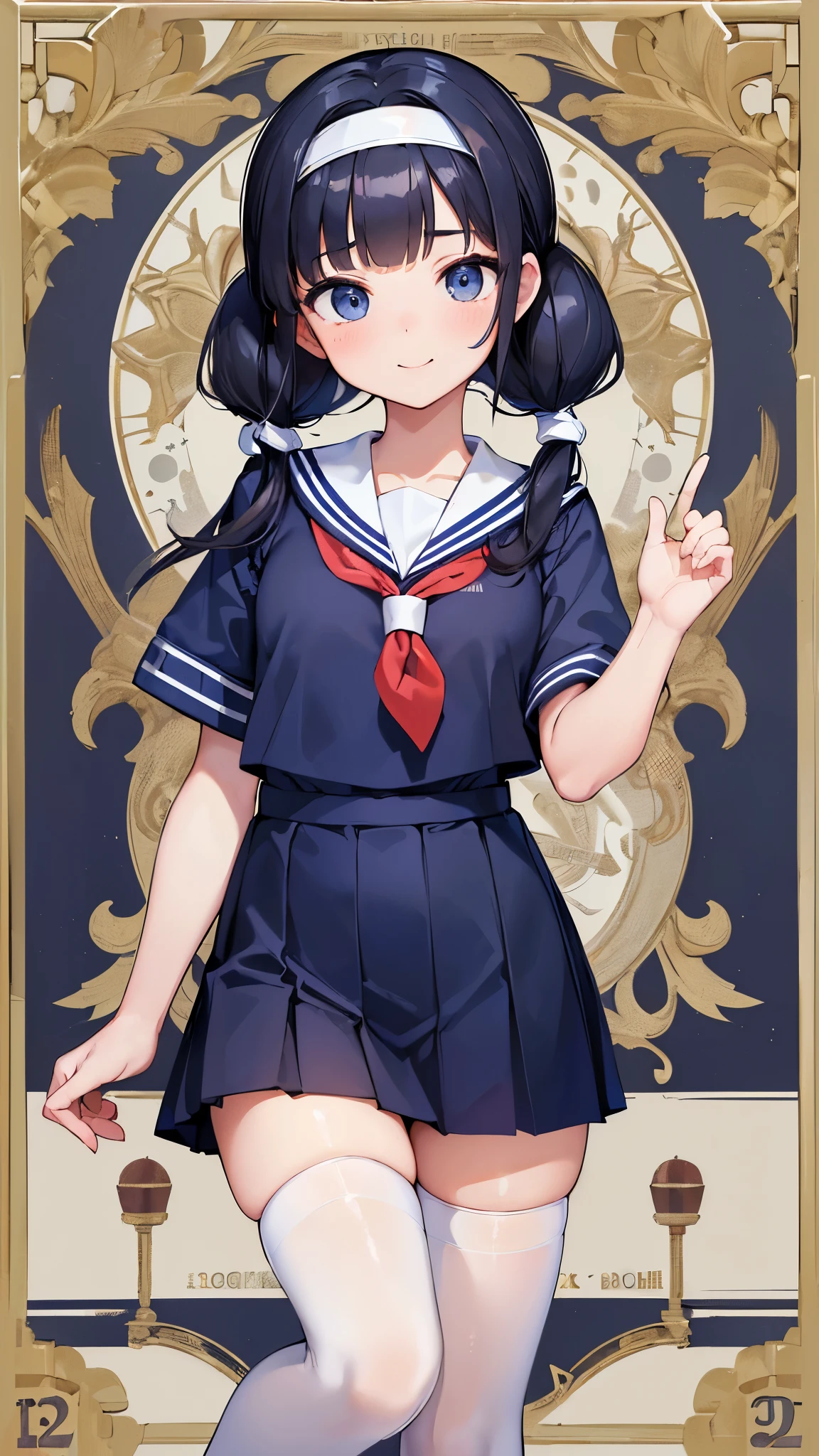 (masterpiece: 1.3), (highest quality:1.4), 超High resolution, (Beautiful Eyes), (Detailed facial features), (Detailed characteristics of the garment), High resolution, 8k resolution, High school girl in sailor suit, Anime 2D Rendering, (((White headband))), smile, Black Hair, (((Navy blue sailor suit))), Black Stockings, (((School Scene))), (((Small face))), trot, Twin tails, Happy Pose,