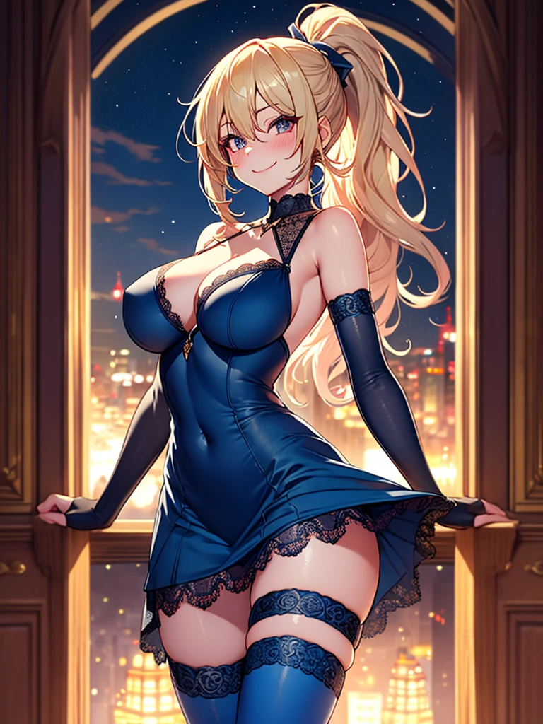 (highest quality, High resolution, perfect pixel, Depth of bounds written, 4K), full body, hotel room, detailed eyes, (1 lady), tall, (skinny body:1.2) , (thin thighs:1.2), large breasts, (side boob), blond hair, (ponytail:1.2), (midnight blue party dress:1.2), (sleeveless), bare back, (asymmetrical skirt), elbow gloves, (lace legwear), (standing), (seductive smile), blush,