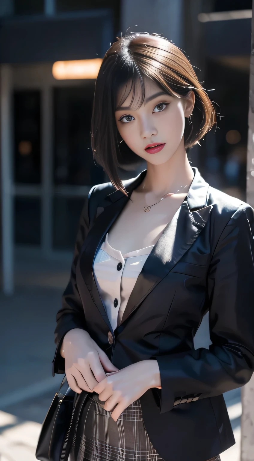 (original photo, high resolution, best quality, masterpiece), (Reality details, Surrealism, Reality: 1.3), 1 girl, Very delicate and beautiful, Beautiful and delicate girl, The details of the eyes and face are very rich, ((Triangular face)), Beautiful and delicate eyes, (((fit, Skinny, Thin waist))), Large Breasts, ((Button-down shirt with black blazer)), ((black tulip skirt)), Fashion pendant, black earrings, charming, Natural Makeup, Pink shiny lips, (Stylish Orange Pink Bob Hair), Perfect style, (Morning outdoor low light background), CG, 8k, Surreal, best quality, Super detailed