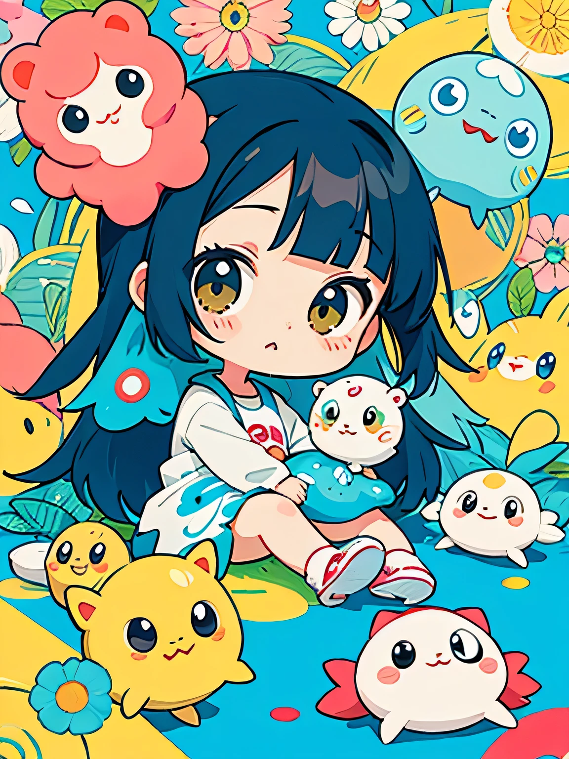 Takashi Murakami style, Kawaii Design, The most beautiful girl of all time、Chibi, play together、Pokémon