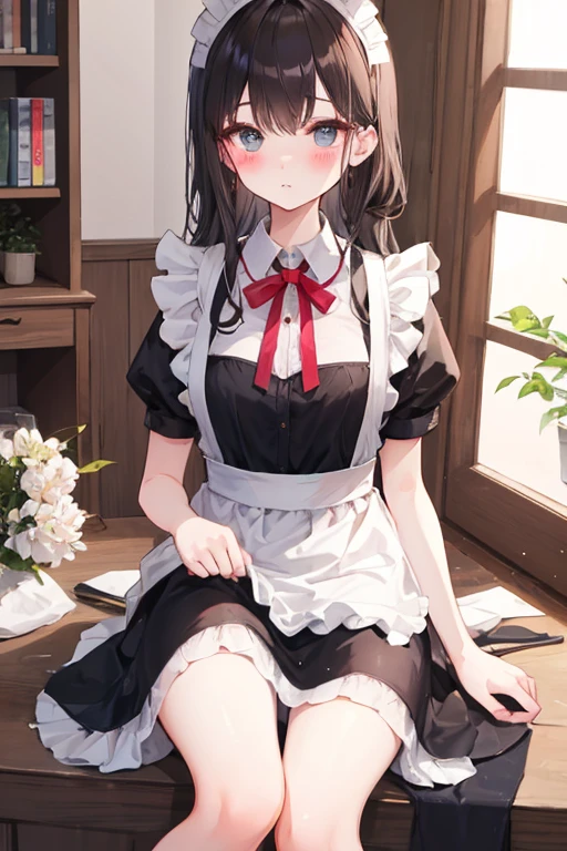 Beautiful illustrations, highest quality, Cute Woman、Clear Face、、blush、Perfect hands、Thighs、(Perfect Face:1.1), Beauty、Adult women、Around 30 years old、Maid clothes、Long skirt