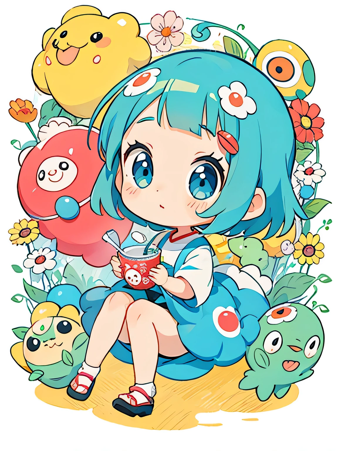 Takashi Murakami style, Kawaii Design, The most beautiful girl of all time、Chibi, play together、Pokémon