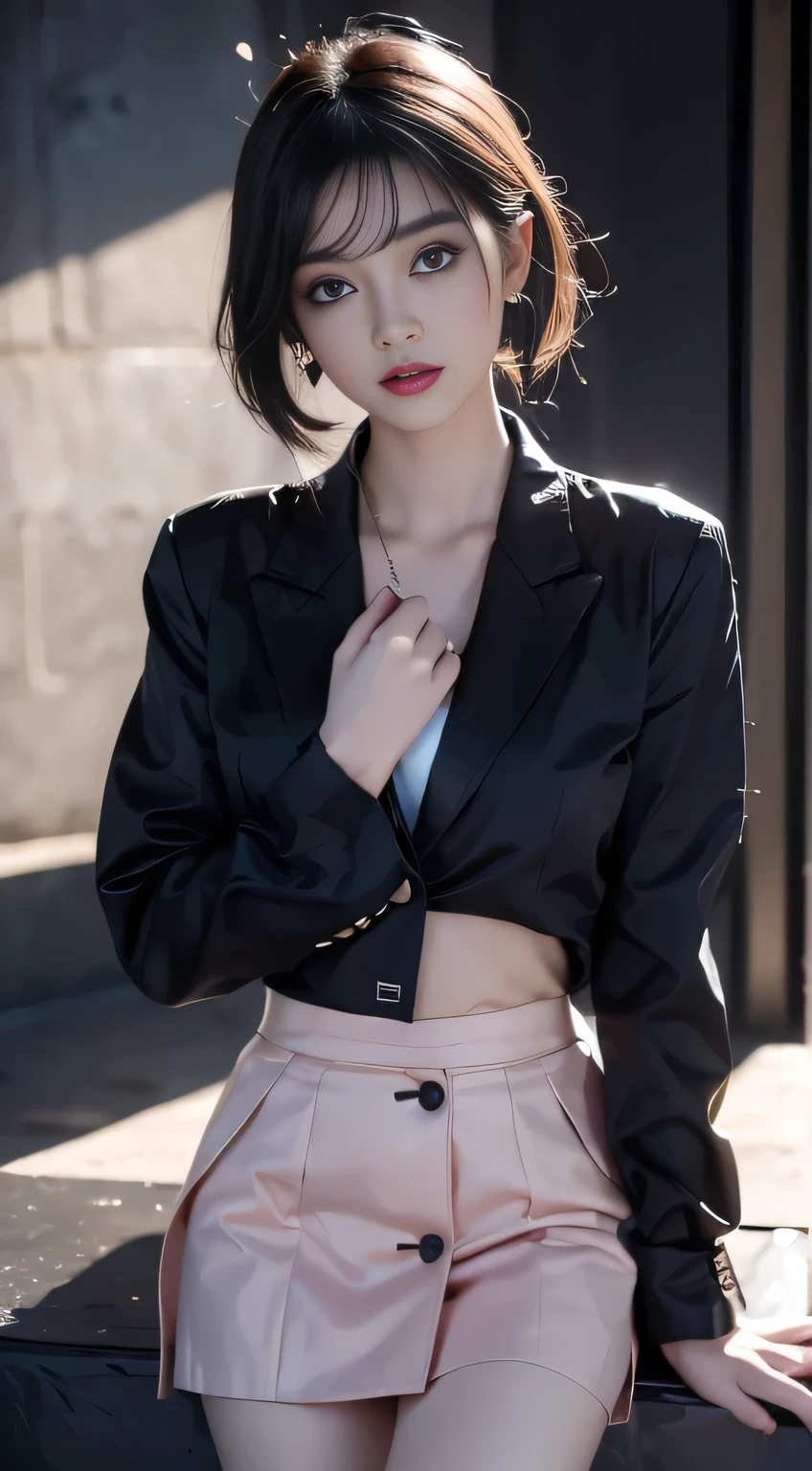 (original photo, high resolution, best quality, masterpiece), (Reality details, Surrealism, Reality: 1.3), 1 girl, Very delicate and beautiful, Beautiful and delicate girl, The details of the eyes and face are very rich, ((Triangular face)), Beautiful and delicate eyes, (((fit, Skinny, Thin waist))), Large Breasts, ((Button-down shirt with black blazer)), ((black tulip skirt)), Fashion pendant, black earrings, charming, Natural Makeup, Pink shiny lips, (Stylish Orange Pink Bob Hair), Perfect style, (Morning outdoor low light background), CG, 8k, Surreal, best quality, Super detailed