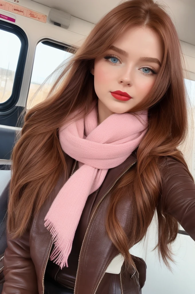 Photorealistic, best quality, hyper detailed, selfie photo, upper body. Gorgeous, pretty, warm-hearted, kind-hearted, good-hearted, stunning, cheerful, sweet, polite, sensitive, sensible, shiny, charming, alluring, dreamy, graceful, classy, stylish, flowing extra long ginger haired russian woman with the cutest face, fair porcelain skin, soft make-up, red lipstick, she is wearing a leather jacket, skinny trousers, riding boots and pink scarf. She's a tripping by train.
