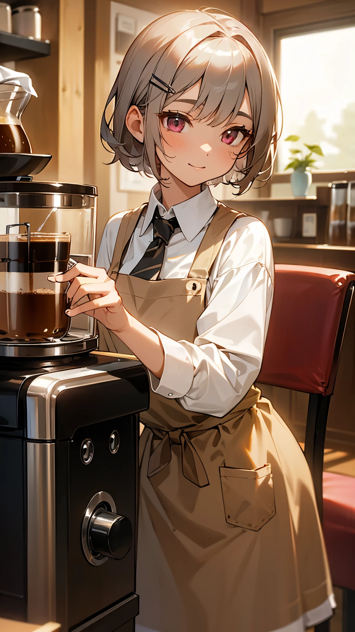 (Tabletop), highest quality,  girl working at a coffee shop, She is making coffee in a machine, Coffee making, Perfect Face, Expressive eyes, Brown apron, Inside the coffee shop, Silver and bob short hairstyle, Tie your hair up with a hair clip, Pink Eyes, pretty girl, comfortable, Realistic, 4K, Complex, detailed, Flowers in a vase, comfortable lights, Perfect lighting, Trace Light, Warm colors, Tables and chairs, Daily life, Modern, elegant, (Relaxed atmosphere), peaceful, Aromatic,Happy,happiness, (Gray Hair), White shirt, Barista, soft, Brown hair band, Humble,delicate, kind, contrast, Vibrant colors, Bokeh, (The perfect coffee machine), roo, (soft), Shine, Shineing eyes

Break she's making coffee, There is a table with a cup on the left hand, There is a coffee machine on the table, Steam coming out of the cup, Delicious coffee