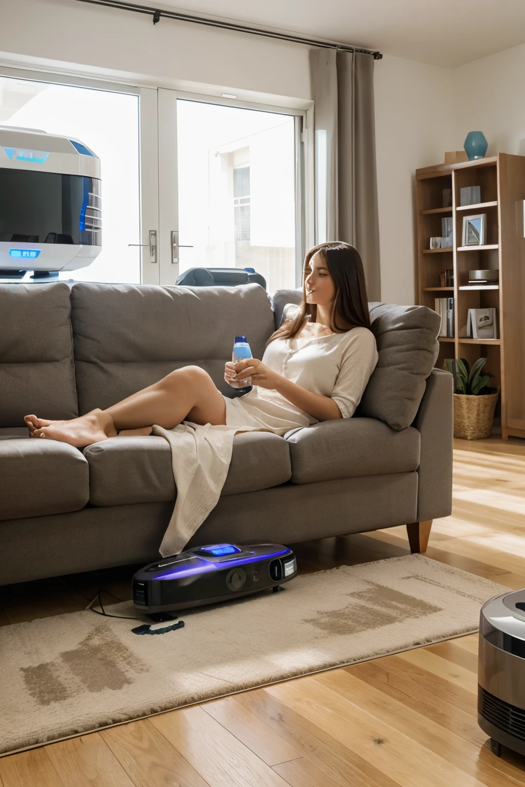 mother relaxing on the sofa while the smart robot vacuum cleaner vacuums the living room