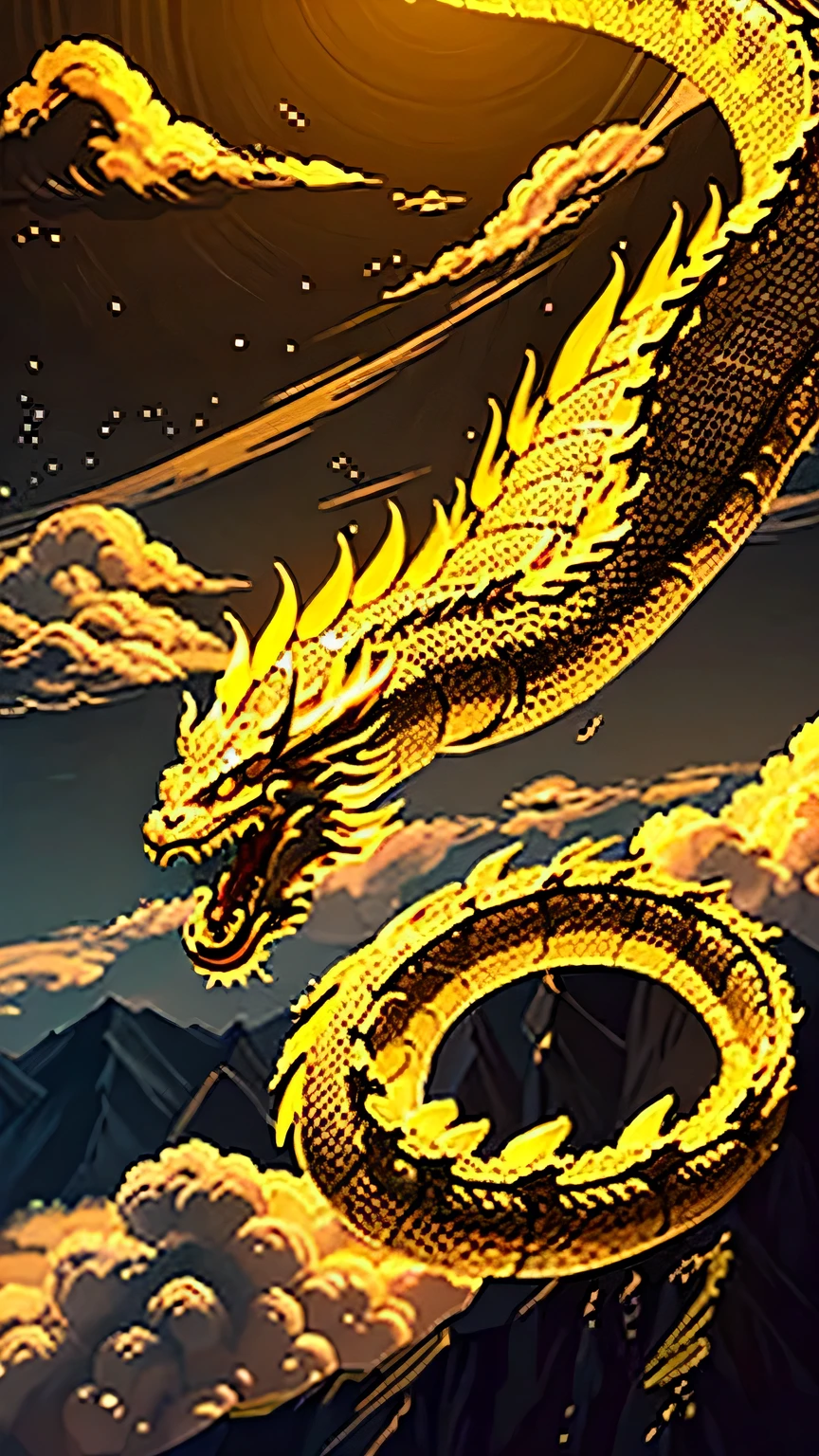 Traditional Chinese Dragon, A stately god々Shining Dragon, The dragon is flying gracefully in the clouds, with thin, flowing curves towards the sky., The dragon has shiny golden scales on its body and flaming eyes.