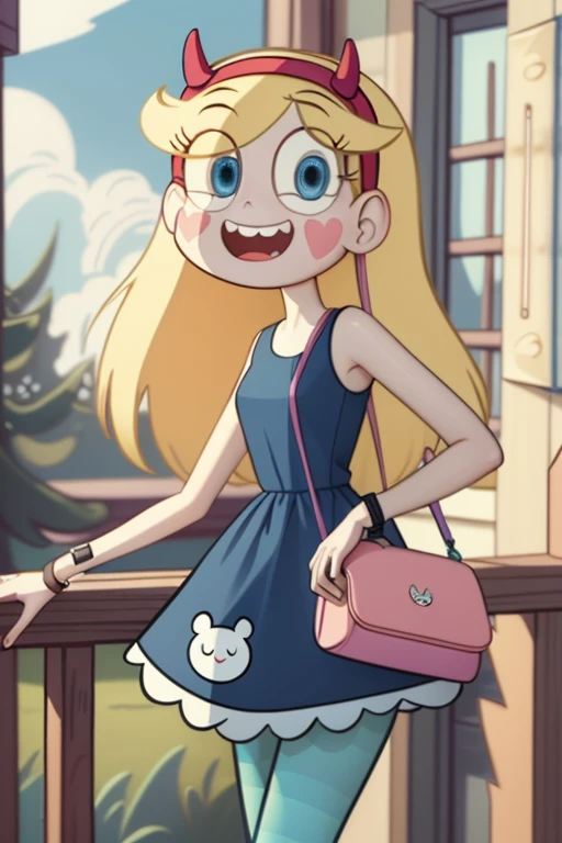 (masterpiece, Best quality, a high resolution:1.4), 1 girl, woman, Star Butterfly, happy, Cloud Outfit, pouch, horn_hair band, I look at the viewer, tights 