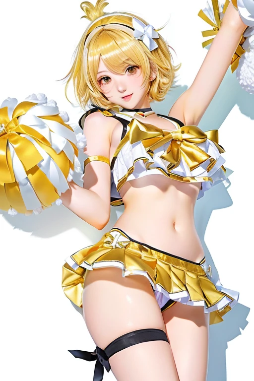 girl in cheerleader outfit holding a yellow and white pom pom, top rated on pixiv, ecchi, kagamine rin, band of gold round his breasts, knights of zodiac girl, at pixiv, ecchi style, splash art , rei hiroe, goddess, shikamimi, divine ray over her head, pixiv