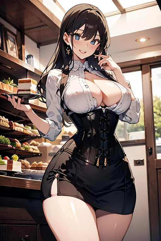 (medium breasts:0.6),(from above:1.2), ((Face)), (Close-Up:0.4), (( eat a cake and have a coffee)),highest quality、(real、photorealistic:1.4),(ultra high resolution, 8K RAW photo, clear focus), best qualtiy, natural lighting, field depth, (Bright pupils, detailed beautiful eyes, high detailed face), Red lip, (tight focus:1.2, from below:1.2), sexy posing, erotic cute,cooking Research Institutes(beautiful and luxurious:1.2),(double breasted:1.0,under bust:1.0), gap between buttons,(((corset belt))),(((high waist skirt,))) seductive weak smiling,(with sparkling eyes and a contagious smile),open mouth, Looking at Viewer
