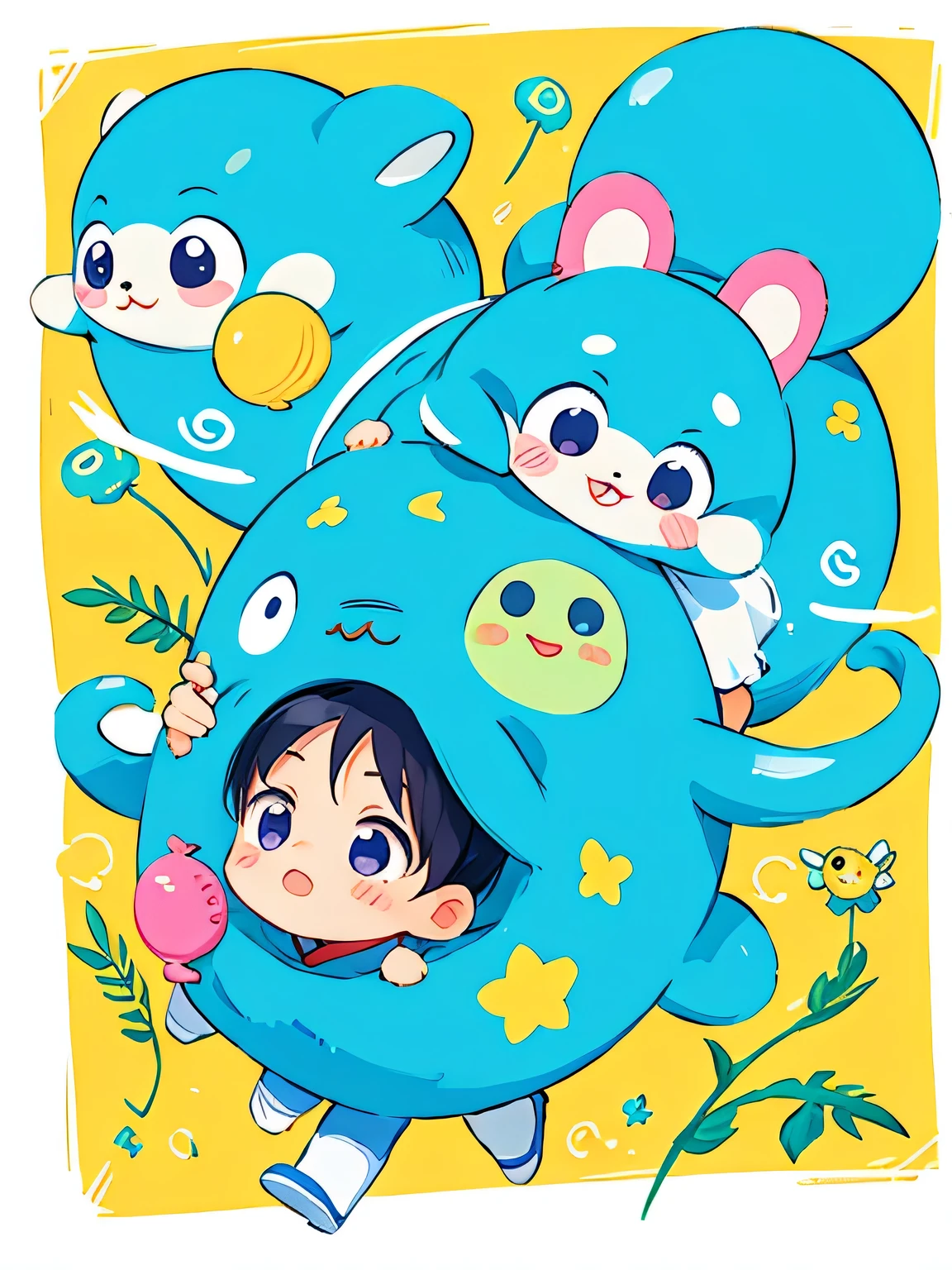 Fujio Akatsuka style, Kawaii Design, The most beautiful girl of all time、Chibi, play together、Cute Aliens