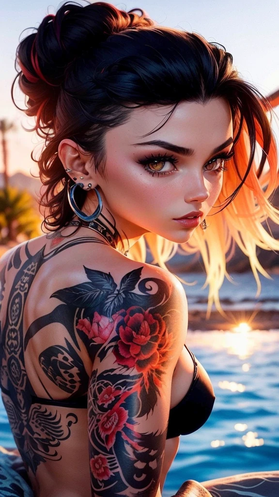 Beautiful girl , slim fit body , punk style black hair, tattooed arm, bikini
