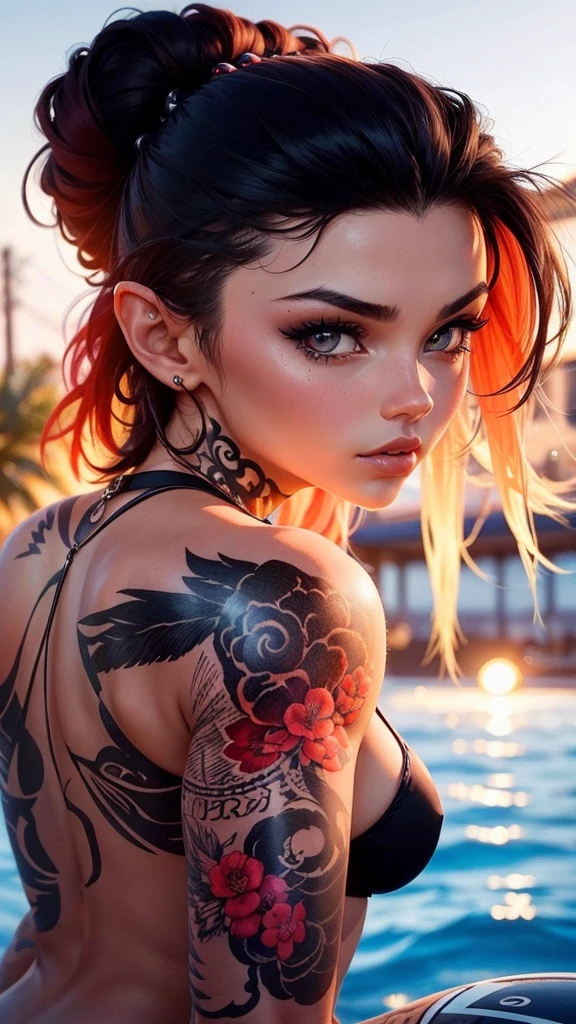 Beautiful girl , slim fit body , punk style black hair, tattooed arm, bikini