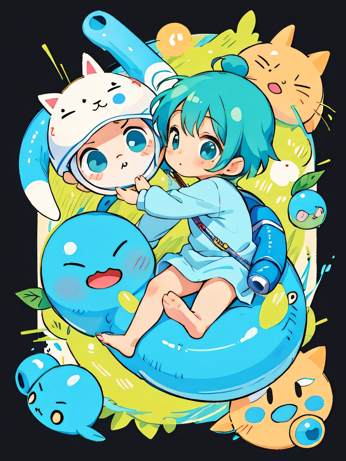 Fujio Akatsuka style, Kawaii Design, The most beautiful girl of all time、Chibi, play together、Cute Aliens