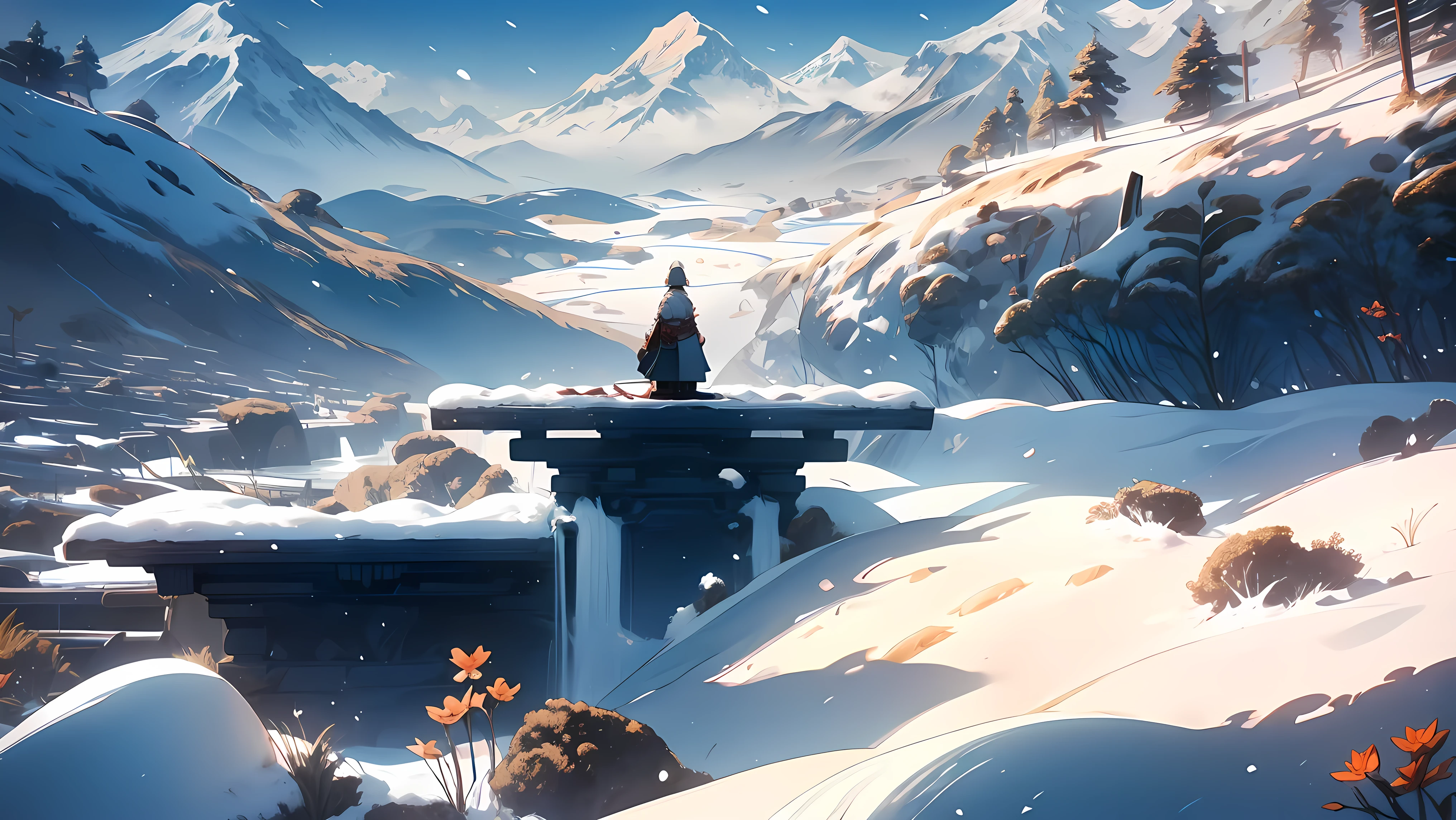 a buddhist monk meditating on the top of Mount Everest,traditional monks clothing, peaceful and serene expression, surrounded by pristine snow,clean white clouds gently drifting by,detailing the texture of the monk's robes and the snow,capturing the crispness of the clear mountain air,high-resolution image (best quality,4k,8k,highres,masterpiece:1.2),crystal clear view of the distant peaks,subtle pastel colors blending with the snowy landscape, soft warm sunlight illuminating the scene,profound tranquility and spiritual presence, harmonious integration with nature