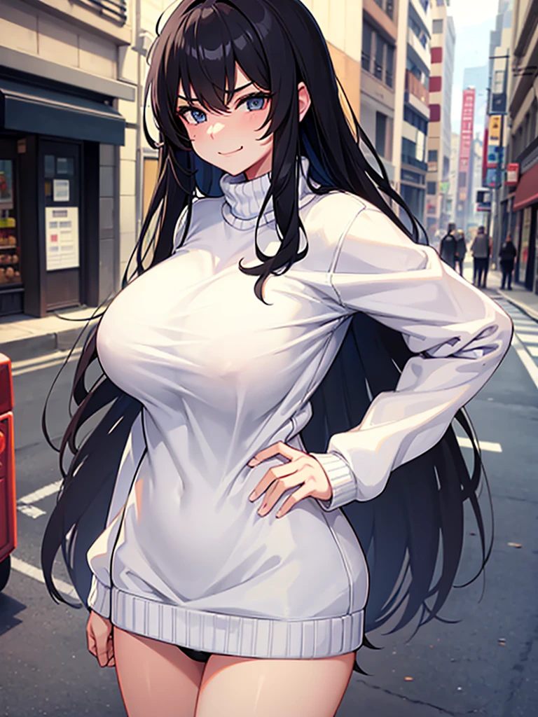 Girl, big breast, long white swetear, hide underwear with sweater, hide panties, black long hair, white sweater, background city street, smirk face,