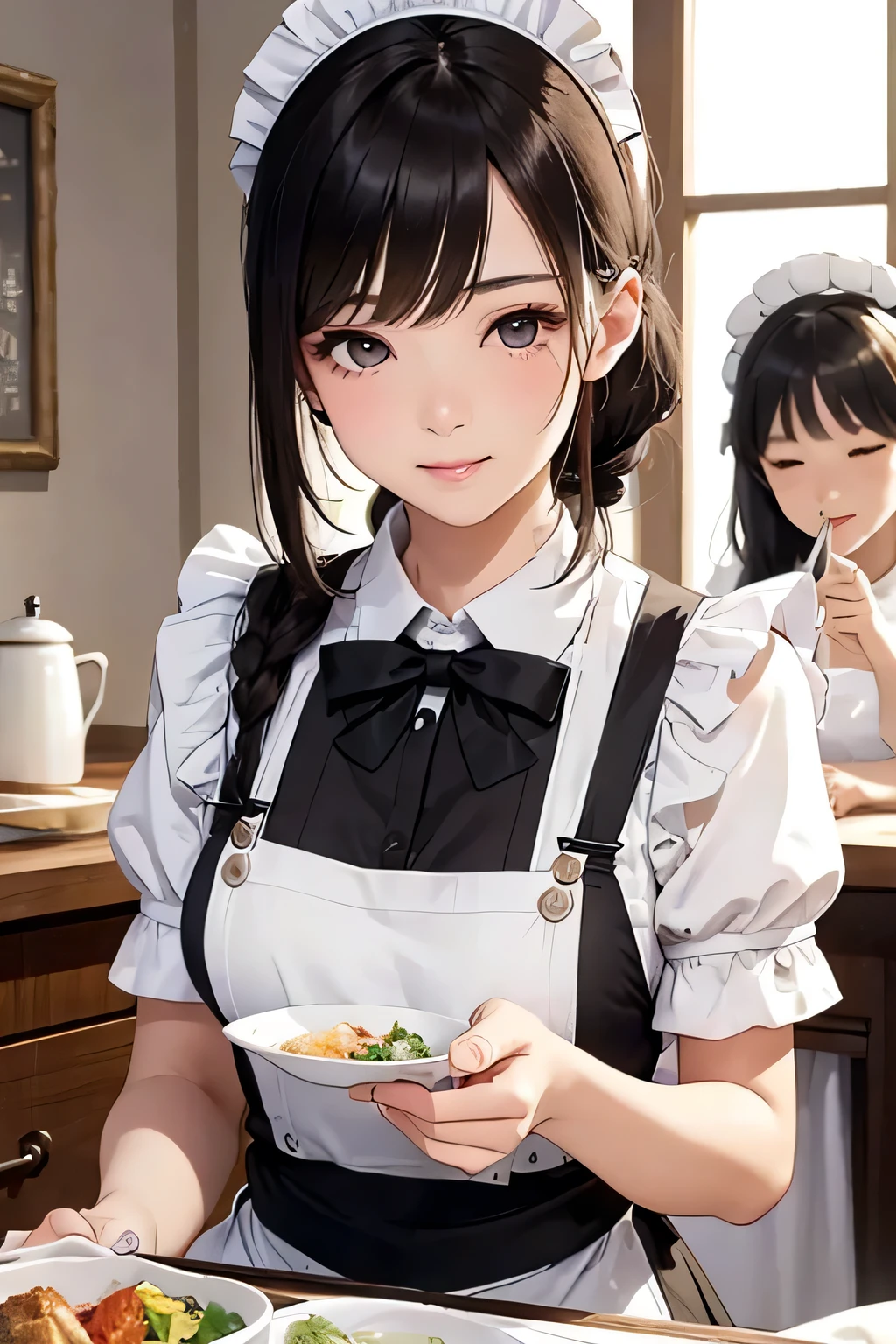 highest quality、High resolution、Detailed Background、(Beautiful face in every detail:1.4)、Anatomically correct、(Draw the usual number of fingers:1.2)、(Detailed facial expressions)、(Detailed eyes:1.2)、(Detailed eyes:1.2)、Beautiful, smooth skin、Teenage beauty、(Three Women)、(Highly detailed face:1.4)、Black Hair、Brown Hair、ponytail、Bobcut、Braided long hair、Wavy Hairstyle、well-groomed eyebrows、Cute Eye Makeup、Cute Lip Makeup、Traditional Made、

(A woman working as a maid:1.5)、

One of the maid&#39;s jobs is cleaning and organizing.、
Cleaning the room, vacuuming, making the bed、Responsible for daily cleaning and tidying, including organizing clothing、
Also prepares and serves food、Food preparation and cooking、Presentation of meals、Responsible for all food related duties including table setting、
Owner or family、Also responsible for taking care of visitors.、Assisting with taking care of my husband&#39;s clothes、Dealing with family and guests、Tea and alcohol service will be provided.、
I also take care of the clothes、Washing and ironing、We manage and maintain clothing, including repairing and storing it.、
Schedule management for housekeeping and service work、I plan my work and manage my time according to my family and husband&#39;s schedules.、
Owner or family、Also responsible for facilitating communication with visitors.、Polite service and smiling customer service、Communicate with appropriate manners、
Etiquette and manners also play a particularly important role、We will maintain proper table manners and etiquette, and strive to behave in an elegant and refined manner.、

Pair a black dress with a white apron、The frills and ribbon design on the apron add a nice accent.、
A soft arrangement with pastel colors will give you a cute impression.、Try choosing colors like pink and mint green.、
Lace and chiffon materials add a feminine and delicate touch.、Sleeves and aprons made with lace and chiffon、Try incorporating it into your design、
Ribbons and head accessories can add cuteness and accents.、Try adding ribbons to your dress or apron, or matching it with a headband or ribbon hair accessory.、Consider the appropriate accessories and shoes depending on the occasion and event you will be wearing the outfit.