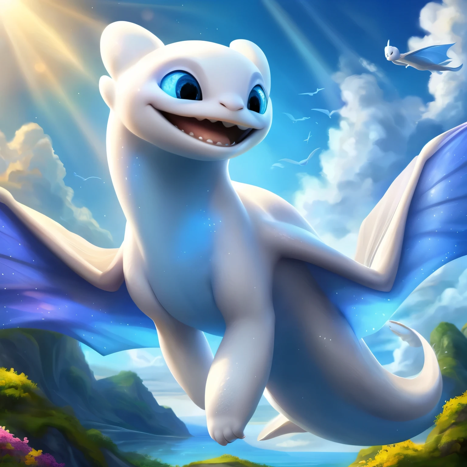 best quality,highres,masterpiece:1.2,ultra-detailed,realistic,portrait,lightfury,happy,detailed eyes,detailed lips,beautiful smile,luminous scales,glowing eyes,soft and fluffy fur,colorful background,vibrant colors,natural lighting,flying through the sky,cheerful expression,sunshine,joyful atmosphere,dynamic pose,endearing personality,playful spirit,sparkling teeth,elegant wings,graceful movement,whimsical landscape,sunlit clouds,blissful energy,smiling face,delicate features,expressive eyes,happiness radiating,pure delight,peaceful surroundings,delightful companionship,fantastic creature,dragon companion