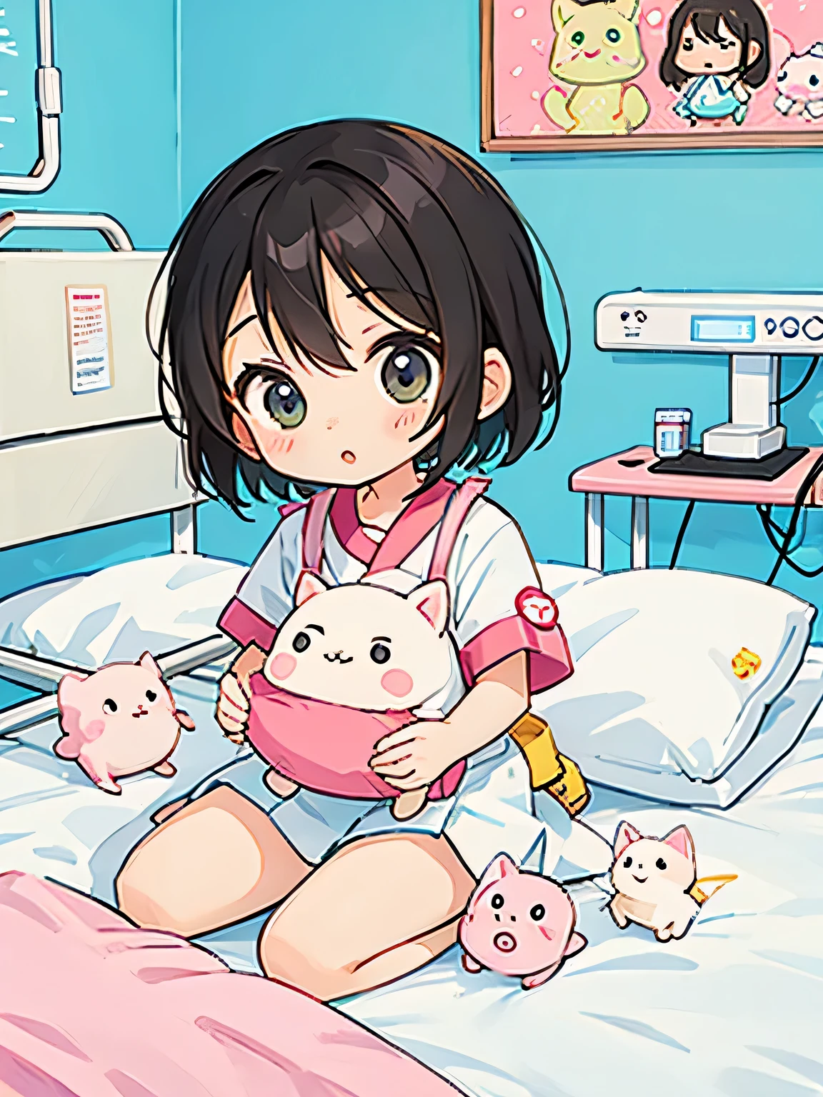 Ai Yazawa style, Kawaii Design, The most beautiful girl of all time、Chibi, play together、Cute Aliens, Hospital bed
