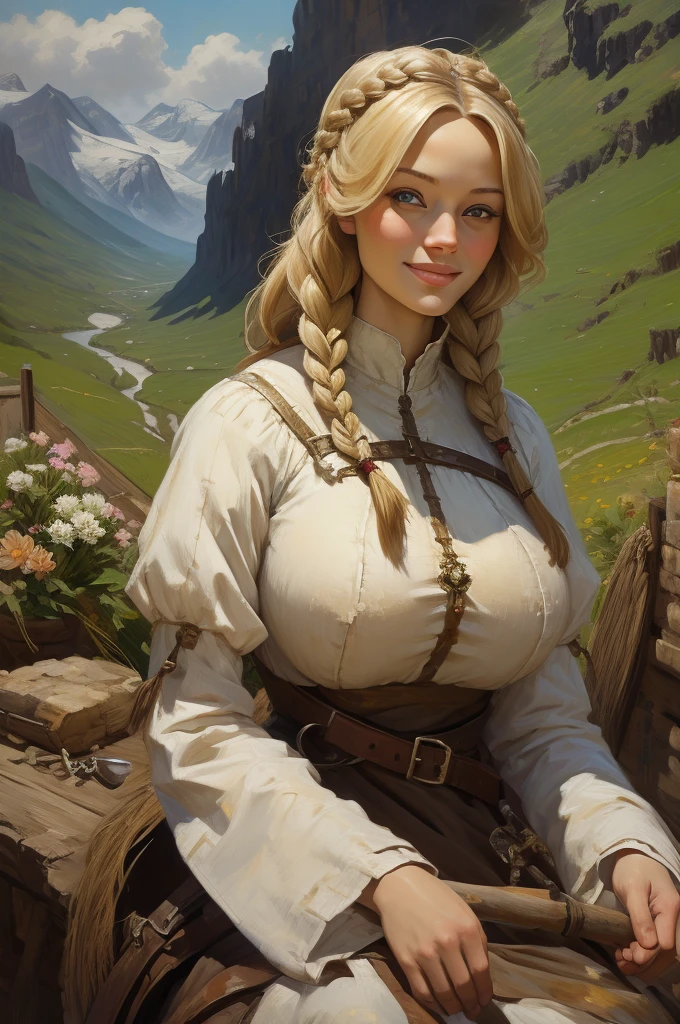 masterpiece, oil painting of Guinwen as a young shepherdess, 8K, 1 girl, realistic oil painting, pretty face, Gesicht von Guinwen, beautifully detailed eyes, sehr detailliert, blondes Haar, blonde Haare, graue Augen, sichtbare Taille, large breasts, huge breasts, Haaransatz, shepard, voll bekleidet, medieval, Portrait, Gebirge im Hintergrund, small farmhouses, full body, ((oil painting)), full cleavage, white dress, poor dress, braids, smiling, shy