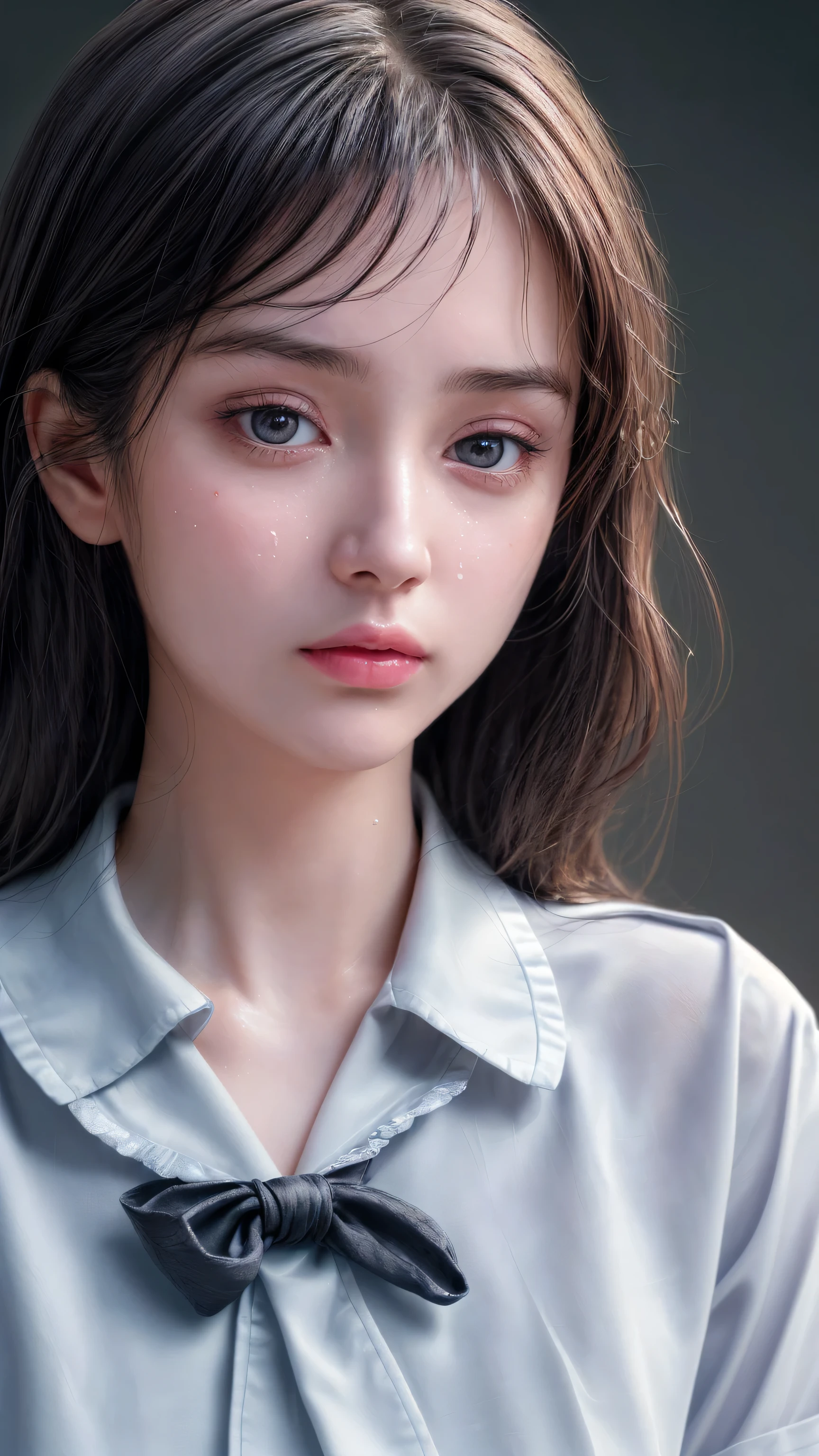 (Surrealism), (8k), (Extremely detailed), (Best Illustration), (Beautiful and delicate eyes), (best quality), (Super detailed), (masterpiece), (wallpaper), (Delicate face), Solitary, 1 girl, One hour challenge, Wet sweat, (Uniforms:1.3), Looking at the audience, Fine details, Delicate faces, ,Purebred face_ V1,