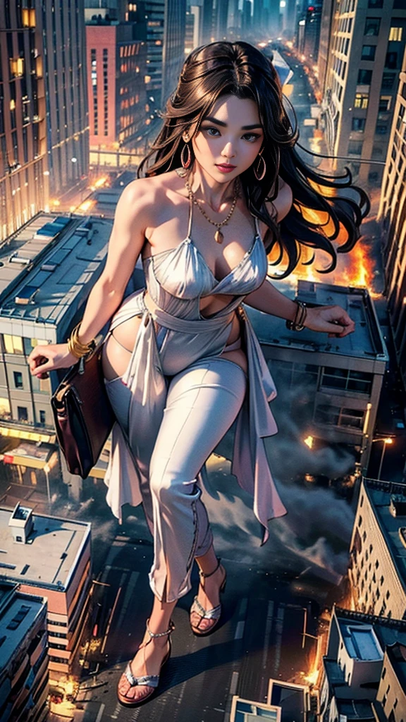 (16k, High resolution, highest quality, masterpiece, 超High resolution), ((Giantess Elements)), From above:1.3, Perfect dynamic composition:1.2, (Modern city at night), Highly detailed skin and facial textures:1.2, (Towering Giant Young Woman:1.0, Higher than skyscrapers:1.0, 50,000 feet tall:1.0, Incredibly slim body:1.0), smile, Fair skin, Sexy beauty, Very beautiful face, (Pink wide leg jumpsuit:1.0), Shapely breasts, Chest gap, Big eyes that exude beautiful eroticism, Lips that exude beautiful eroticism, necklace, Earrings, bracelet, wedding ring, Shoulder bag, clock, ribbon, Full body portrait, ((Destroy a small city, Burning Small City, rubble, Destroyed small building, Collapsed highway, Evacuated Residents)), (Major impact, Emphasizing the majesty and power of giants, Increase the destructive element, Lower the building, Making cities smaller)
