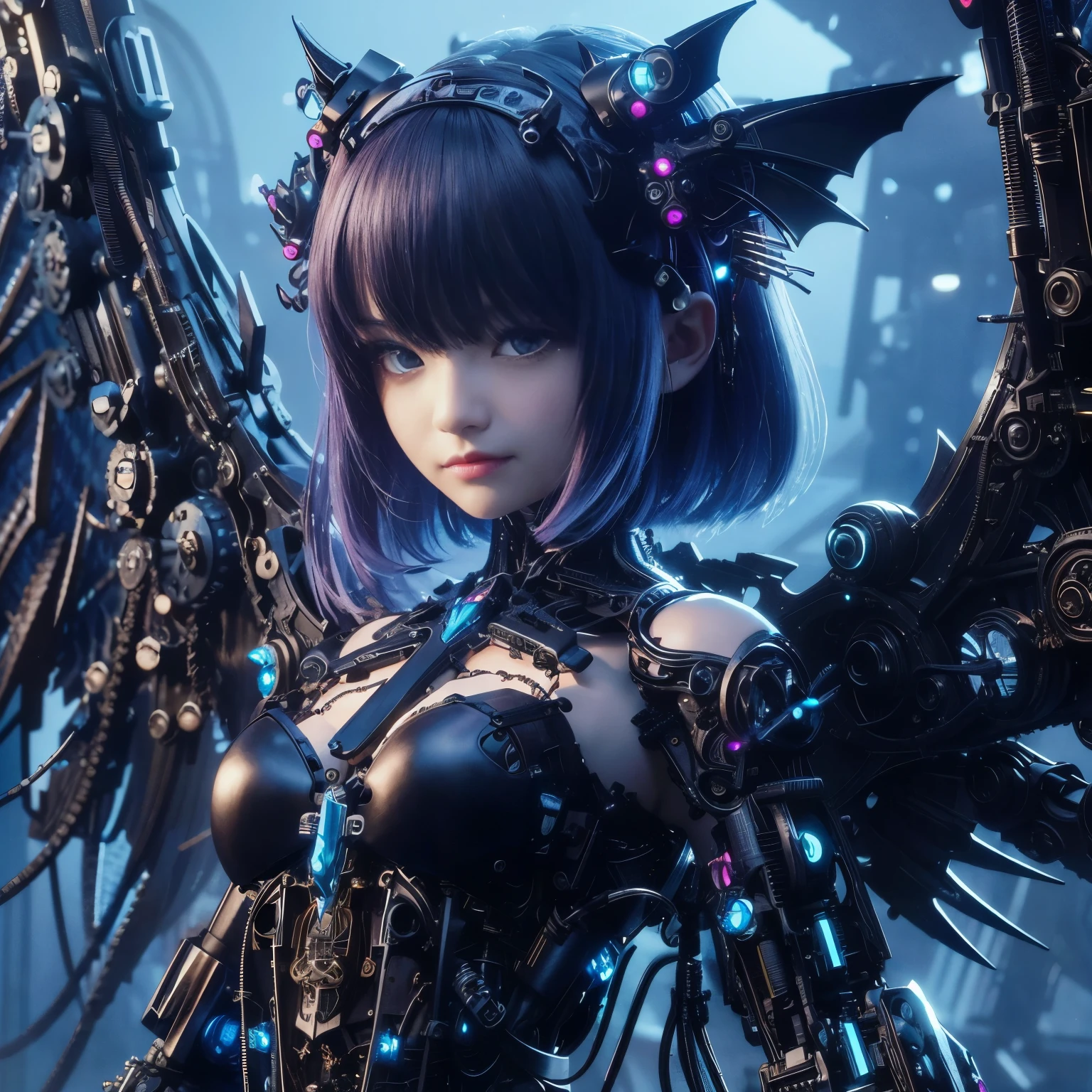 (top-quality:1.2, masterpiece)、ultra high resolution、extremely ultra surrealism, (Photorealsitic:1.4)、Raw photo、(Steampunk Battle Cyborg fallen angel)、large wings made of metal、black porcelain body、red hair、glowy skin、1 Cyborg girl、(mechanical frame:1.3)japanese, extremely cute face, ((super realistic details))、portrait、globalillumination、Shadow、octan render、8K、ultrasharp、character edge light、Details of complex ornaments、Acrylic Clear Cover、Sumerian details、Hydraulic cylinder、Small LED lamp、highly intricate detail、Realistic light、a purple eye、radiant eyes、Facing the camera、neon details、cowboy shot、Futuristic headgear、About Cyberpunk