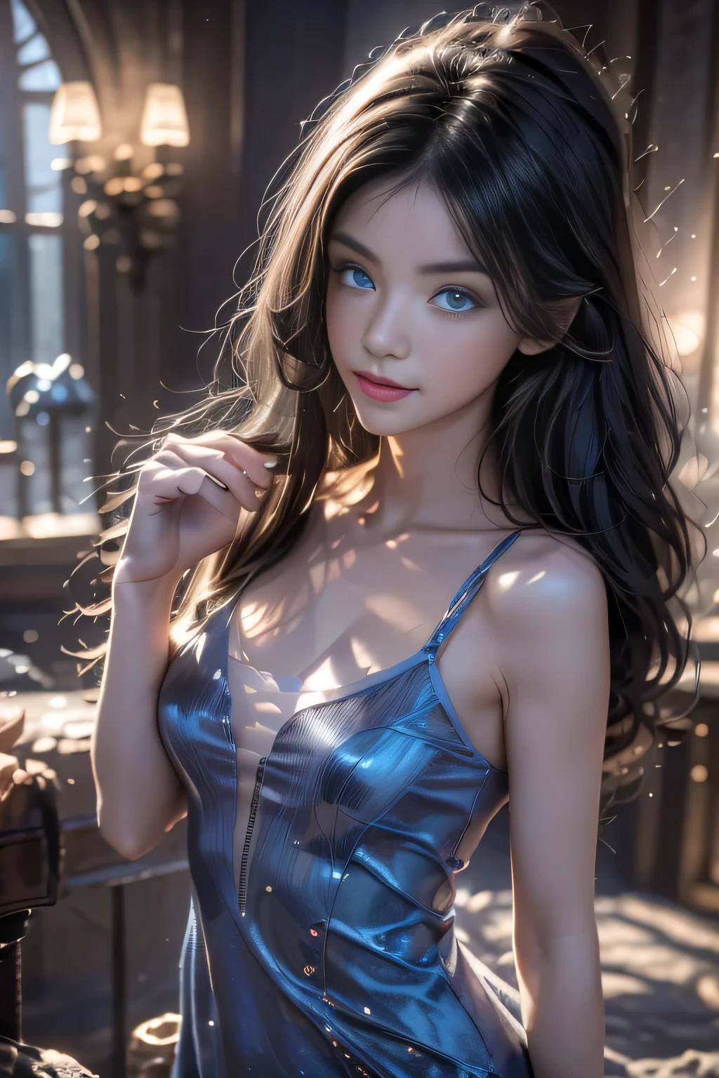 Black Hair, Hair shaking, victory, Long eyelashes, Solid round eye, A faint smile, ears red, direction, Surrealism, shadow, Relief, Stereogram, Standing picture, View, Atmospheric perspective, 8k, super detail, precise, best quality，The complete picture, Seven-hit shooting, 18 years old, Wearing transparent sci-fi clothes, Delicate face, detail, hand, ultimate detail, Stunning magnificence, LED Interior Lighting, Pedepin (fireplace) style, Fiber Hair, Glowing blue iris, Glowing blue iris. ,,