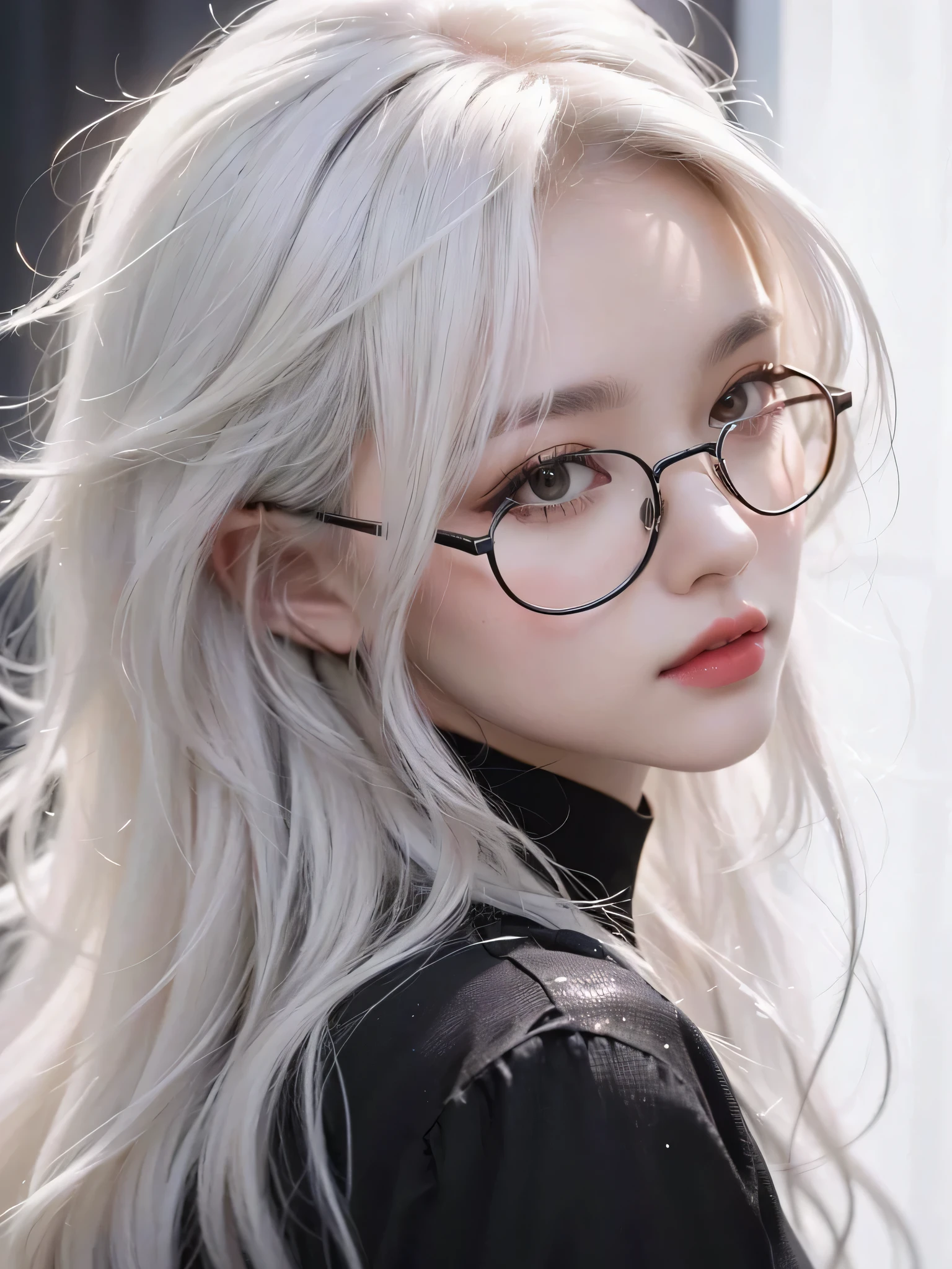a close up of a person with glasses and a black shirt, girl with white hair,