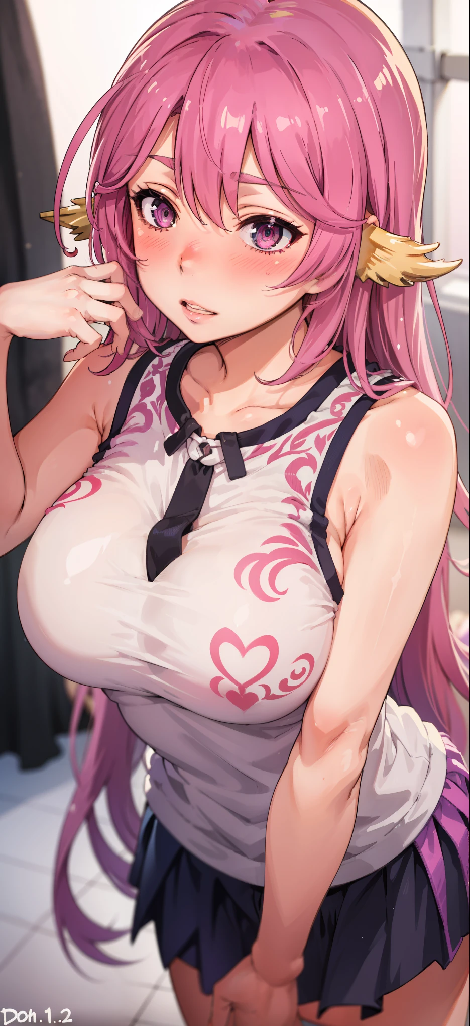 Jibril, (standing straight), blushed, perfect anatomy, detailed eyes, detailed lips, extremely detailed eyes and face, vivid colors, sharp focus, masterpiece:1.2, ultra-detailed, blushed, ((doggystyle)), (solo), sleeveless, fashion.