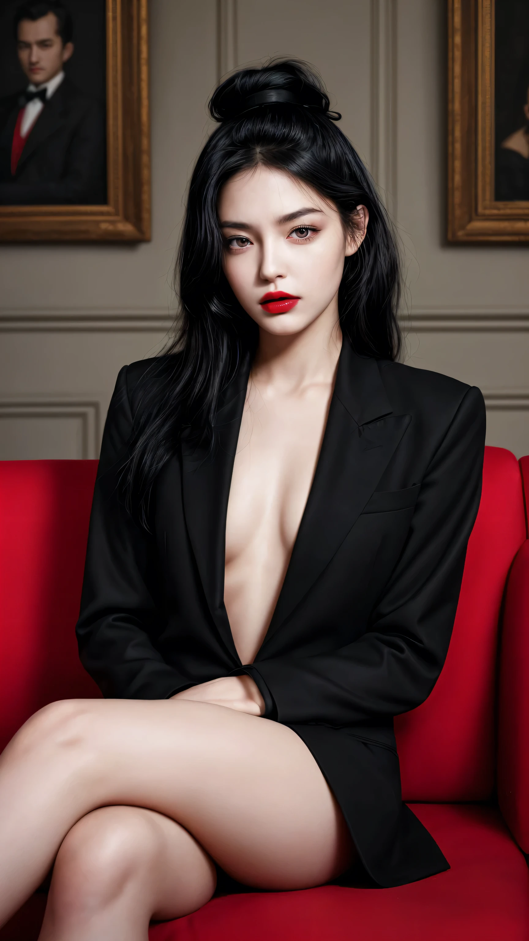 1 man, Sitting on the sofa, Hold your phone, Black Hair, black eyes, Red lips, Black suit, doubt, Tangle, masterpiece, best quality