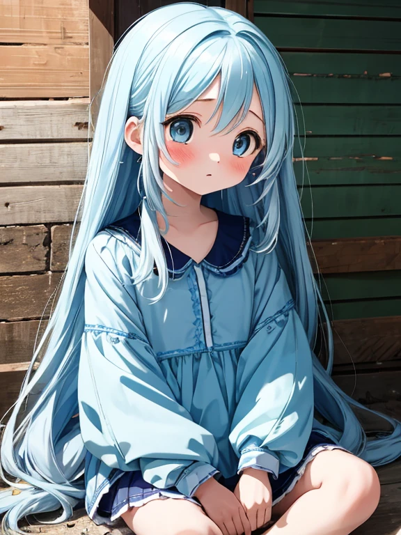 masterpiece, best quality, extremely detailed, (illustration, official art: 1.1), 1 girl, ((light blue long hair))), light blue hair, 10 years old, long hair ((blush)), cute face, big eyes, masterpiece, best quality, ((a very delicate and beautiful girl))))), amazing, beautiful detailed eyes, blunt bangs ((((little delicate girl)))), tareme,blue hairs,teens girl,toddlers,elementary student,Clothes are tattered,Loose hair,In the slums,Sit there,With tears,Ruined city in the desert,lifeless,There is no green。
