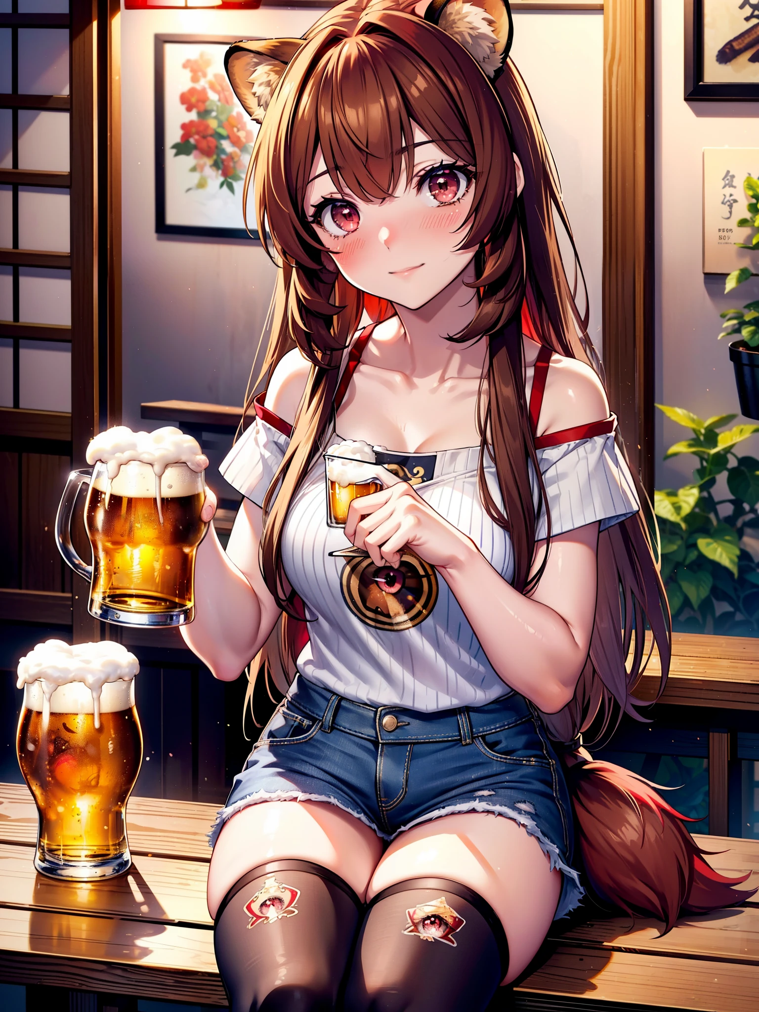 Raphtalia, Raphtalia, Animal ears, Brown Hair, Long Hair, Raccoon Ears, Raccoon Girl, racoon tail, (Red eyes:1.5), smile,blush,I'm drunk,tail,smile,Off-the-shoulder knit top, short sleeve,,Short denim,Black knee socks,There is food and beer mugs on the table,Holding a beer mug in both hands,Sitting in a chair,Break indoors,Izakaya ,壊す looking at viewer, (Cowboy Shot:1.5),highest quality, High resolution, unity 8k wallpaper, (shape:0.8), (Beautiful detailed eyes:1.6), extra detailed face, Perfect lighting, extremely details CG, (Perfect hands, Perfect Anatomy), (