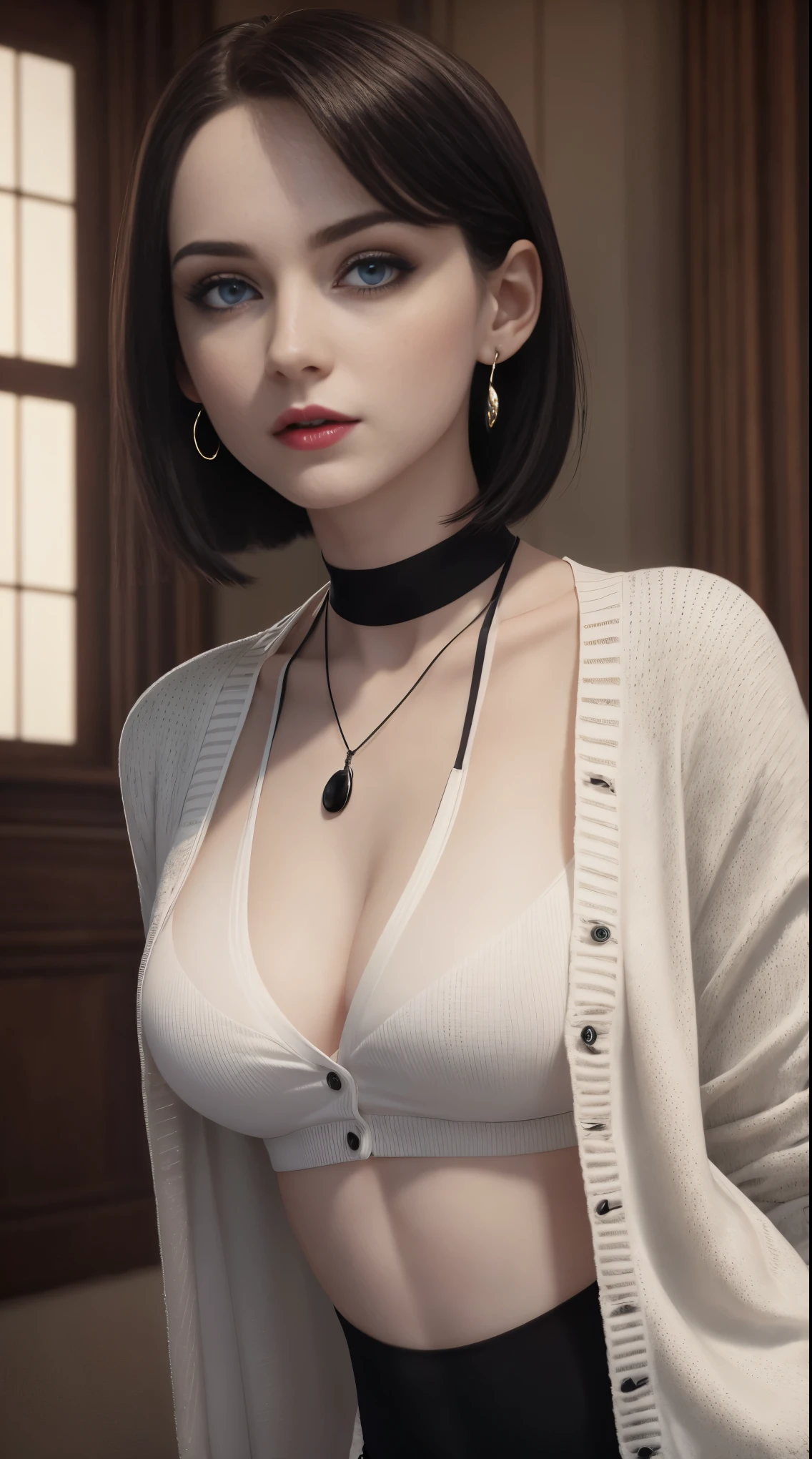 1 beautiful woman, 20 years old, pale white skin (very detailed and delicate skin), bright blue eyes (vampire eyes) (very detailed and expressive eyes), red hair, short hair, perfect body, perfect abdomen, perfectly round butt, makeup, red lips, delicate earrings, delicate necklace, choker, hair band, look at viewer, ((black cardigan)), white leggings, sports top, in a room with a city view (masterpiece), (8K ), (cinematic lighting, (photorealistic), (minute details)