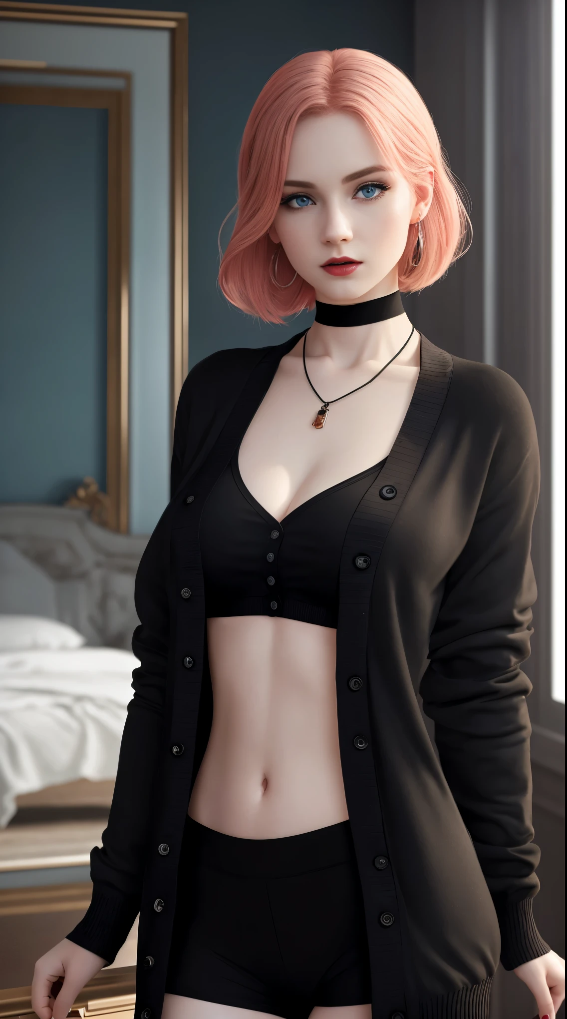 1 beautiful woman, 20 years old, pale white skin (very detailed and delicate skin), bright blue eyes (vampire eyes) (very detailed and expressive eyes), red hair, short hair, perfect body, perfect abdomen, perfectly round butt, makeup, red lips, delicate earrings, delicate necklace, choker, hair band, look at viewer, ((black cardigan)), white leggings, sports top, in a room with a city view (masterpiece), (8K ), (cinematic lighting, (photorealistic), (minute details)