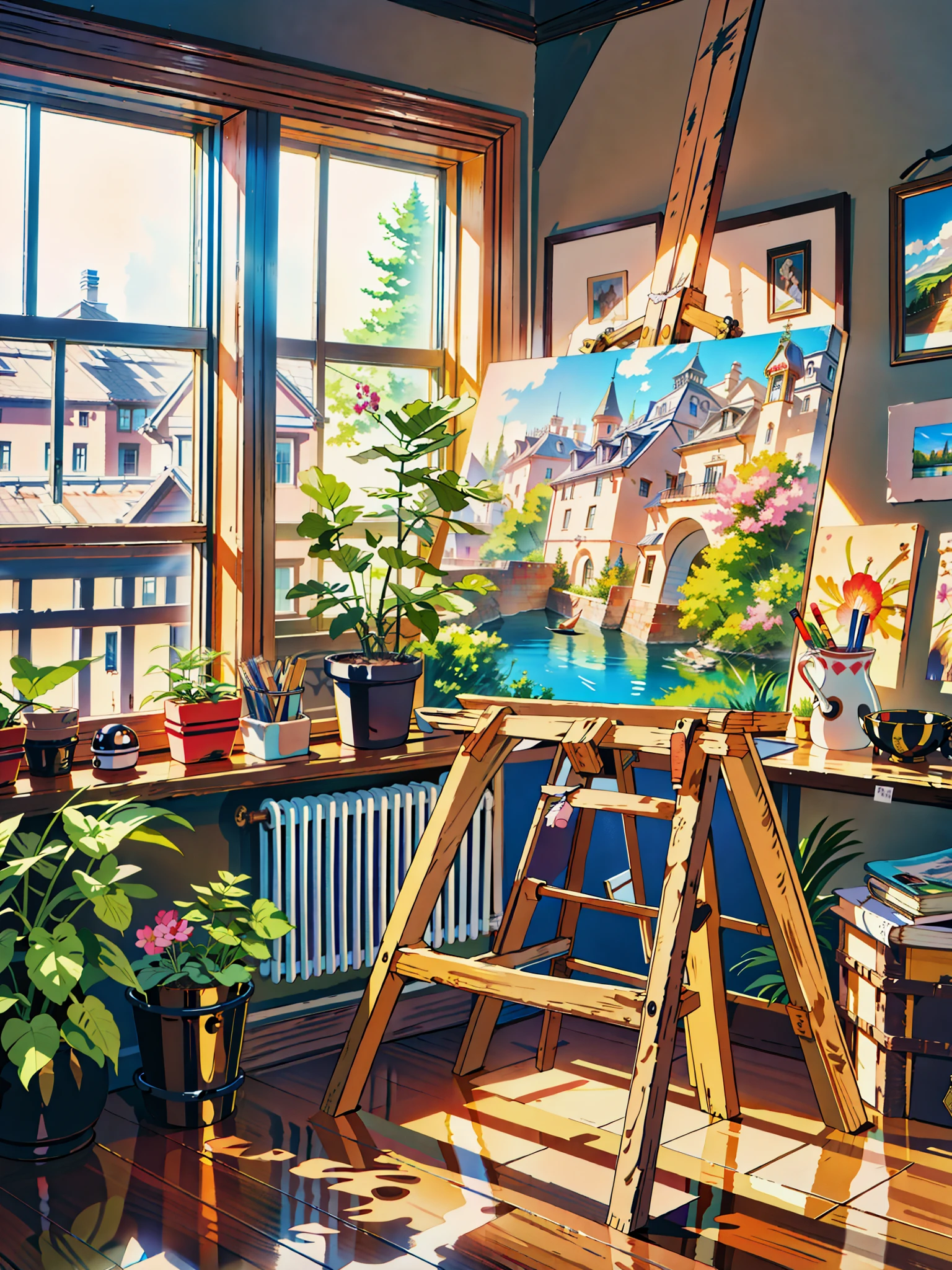 a painting on a easel in front of a window, art station 3 d, 3d 8k hd trending on art station, oil painting 4k, oil painting 4 k, 3 d virtual landscape painting, 4k photograph of painting, hyperrealistic 3d digital art, hyperrealistic 3 d digital art, 8k hd trending on art station, ultrarealistic oil painting,  4k hd, beautiful art uhd 4 k, a beautiful artwork illustration, beautiful digital painting, highly detailed digital painting, beautiful digital artwork, detailed painting 4 k, very detailed digital painting, rich picturesque colors, gorgeous digital painting