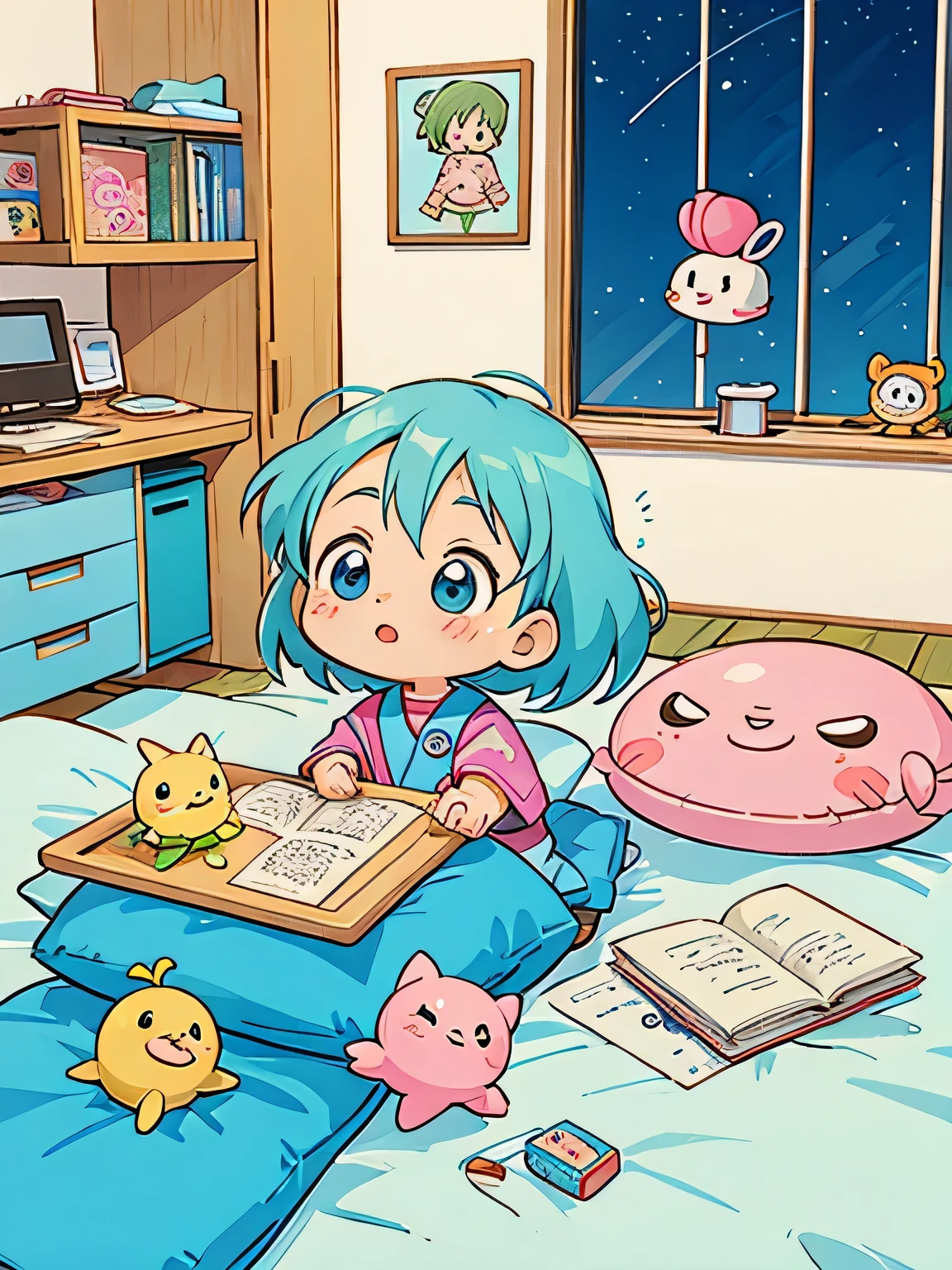 Akira Toriyama style, Kawaii Design, The most beautiful girl of all time、Chibi, play together、Cute Aliens, Hospital bed